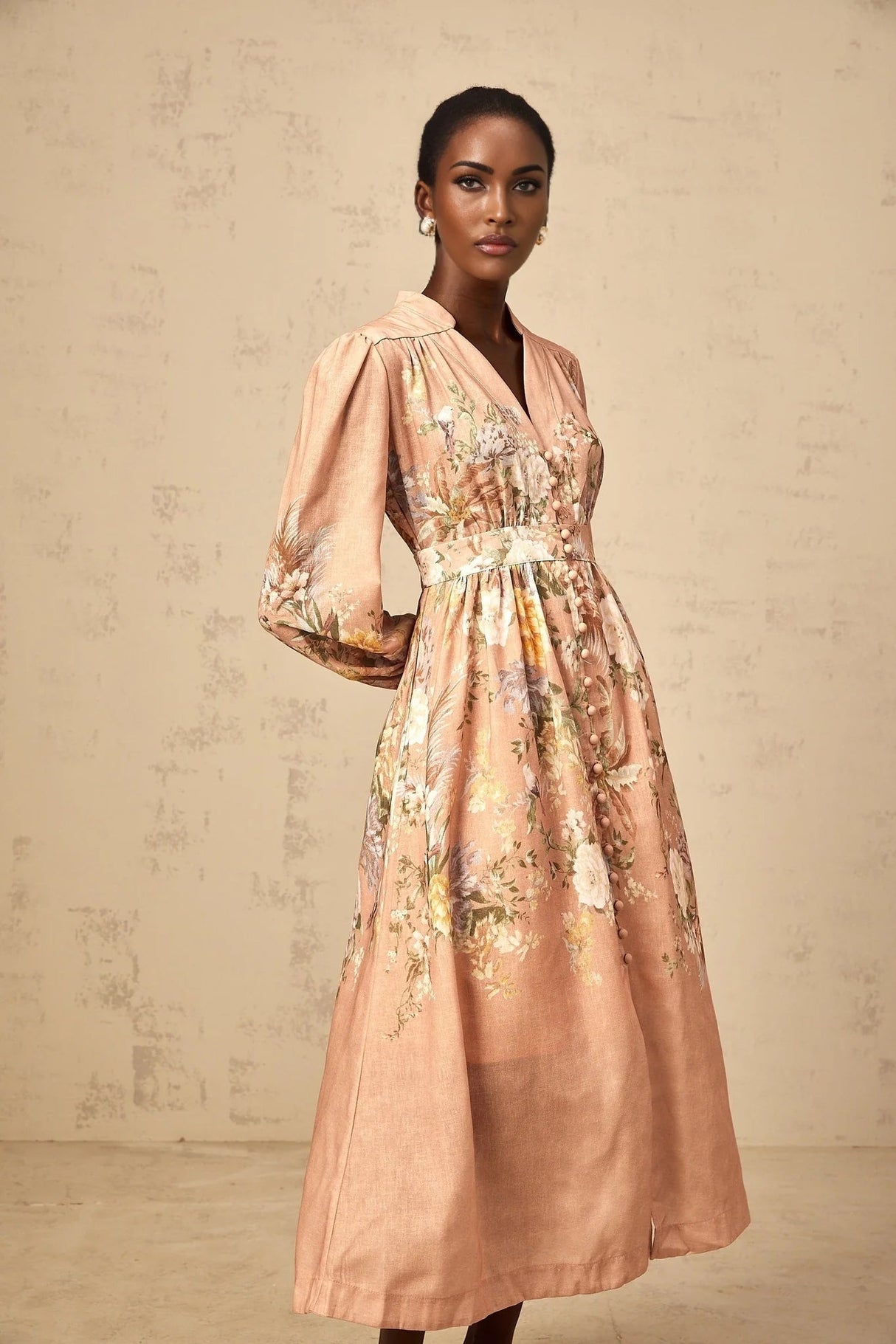 Gelsomina Midi Dress Pink Floral Print Puff Sleeve V - Neck Flared Calf Length