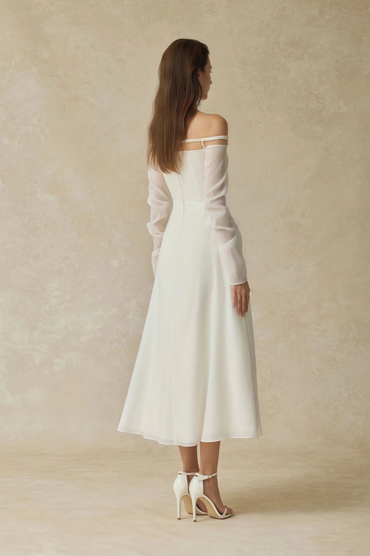 Gelsomina White Gathered Crepe Midi Dress