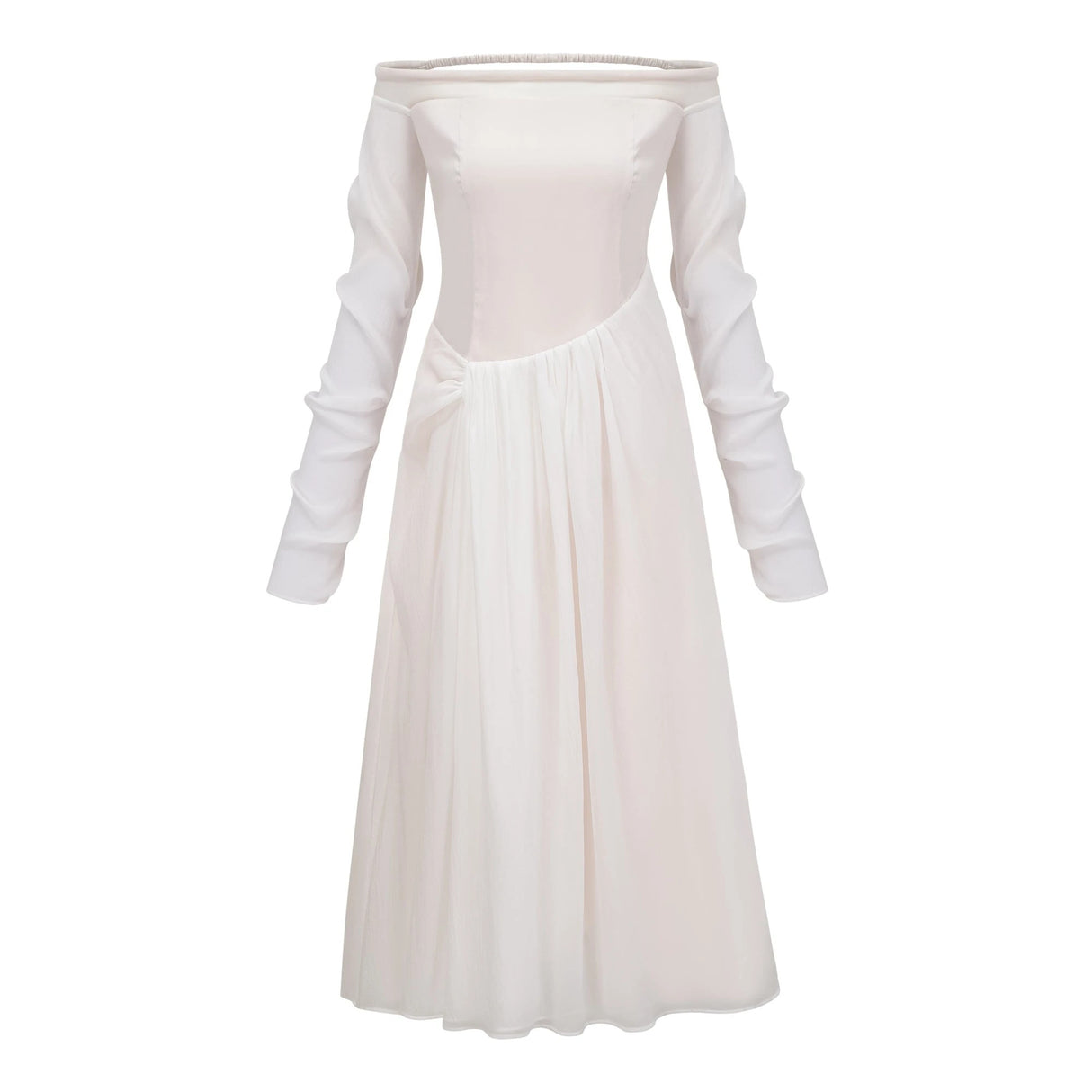Gelsomina White Gathered Crepe Midi Dress