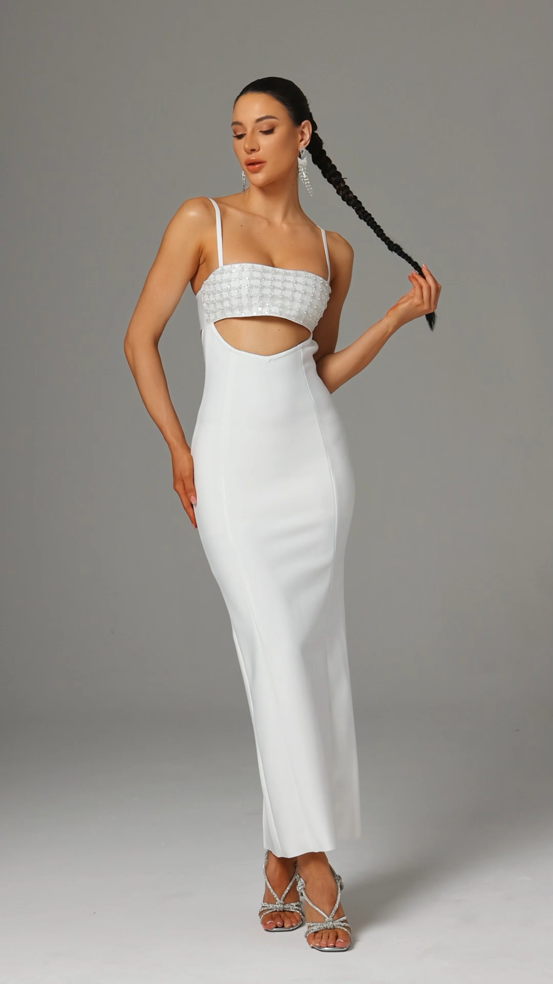 Gelsomina White Maxi Dress Cutout Beaded Detailing Spaghetti Straps