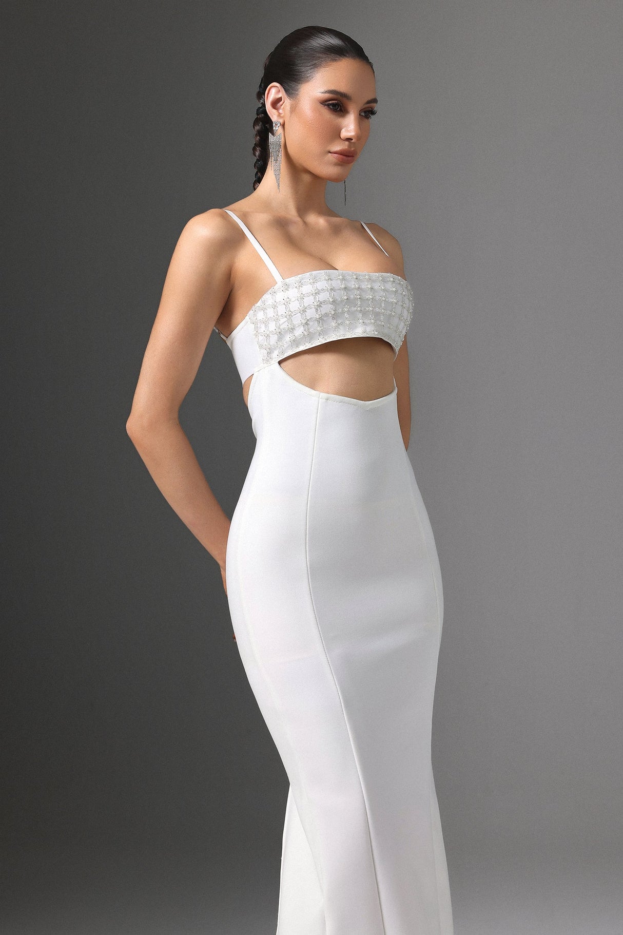 Gelsomina White Maxi Dress Cutout Beaded Detailing Spaghetti Straps