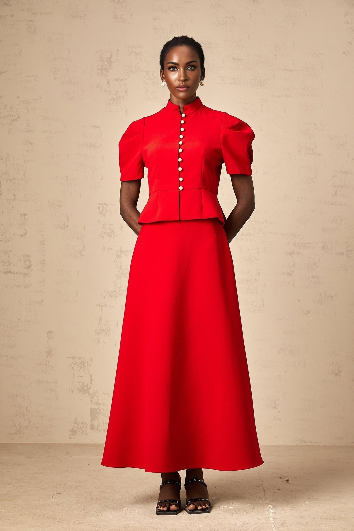 Gemma Blouse & Skirt - Crew Neck - Short Petal Sleeves - Pleated Detailing - Ruffled Trim