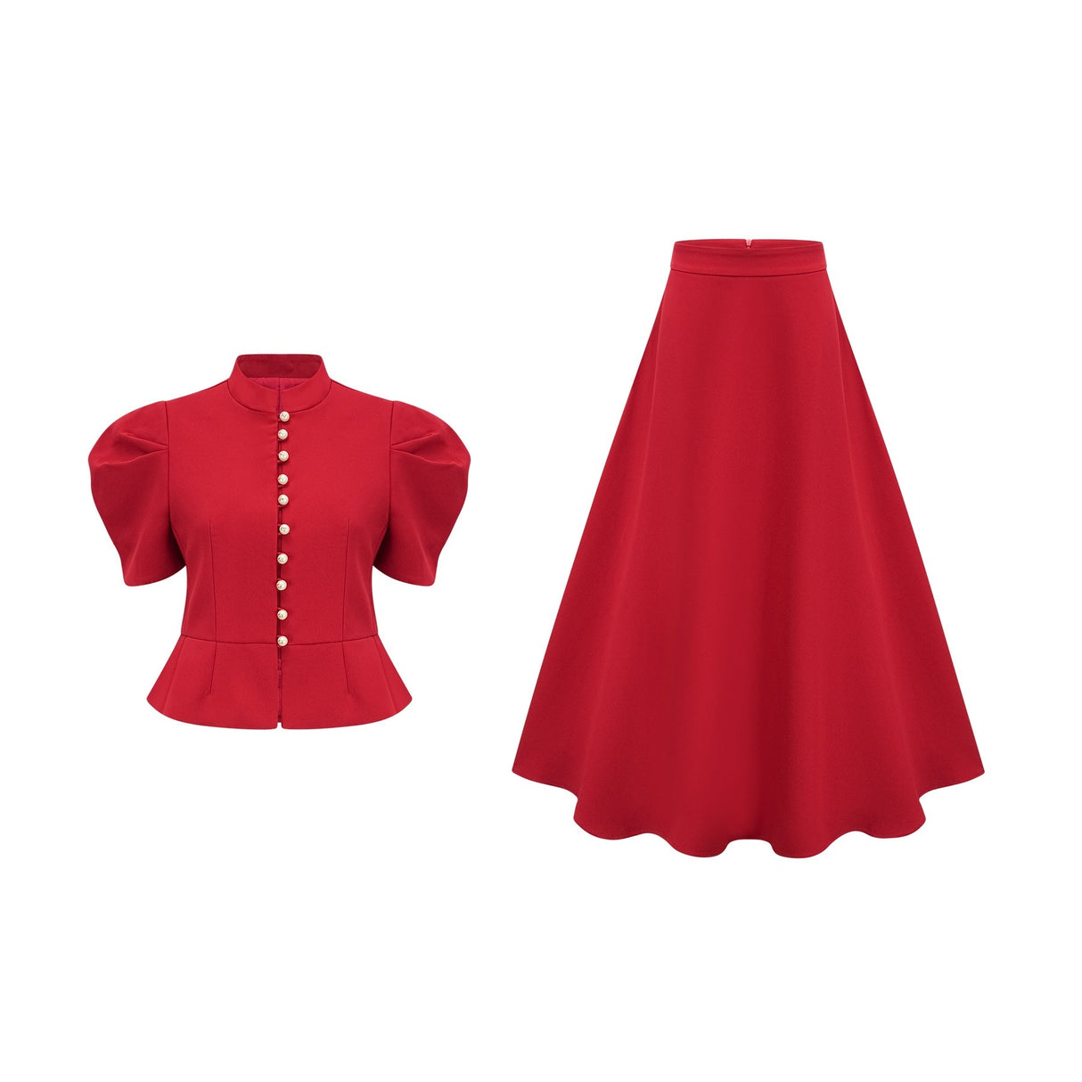 Gemma Blouse & Skirt - Crew Neck - Short Petal Sleeves - Pleated Detailing - Ruffled Trim