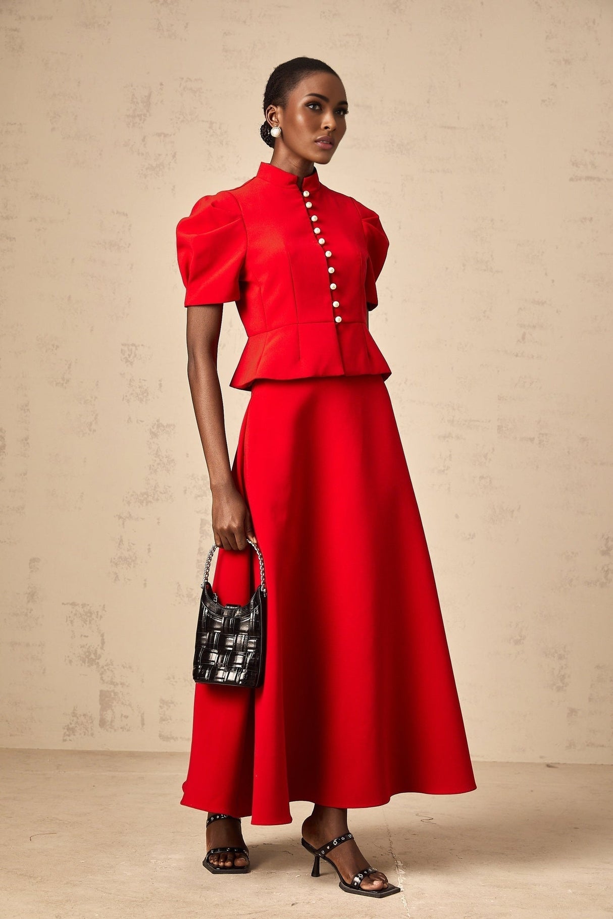 Gemma Blouse & Skirt - Crew Neck - Short Petal Sleeves - Pleated Detailing - Ruffled Trim