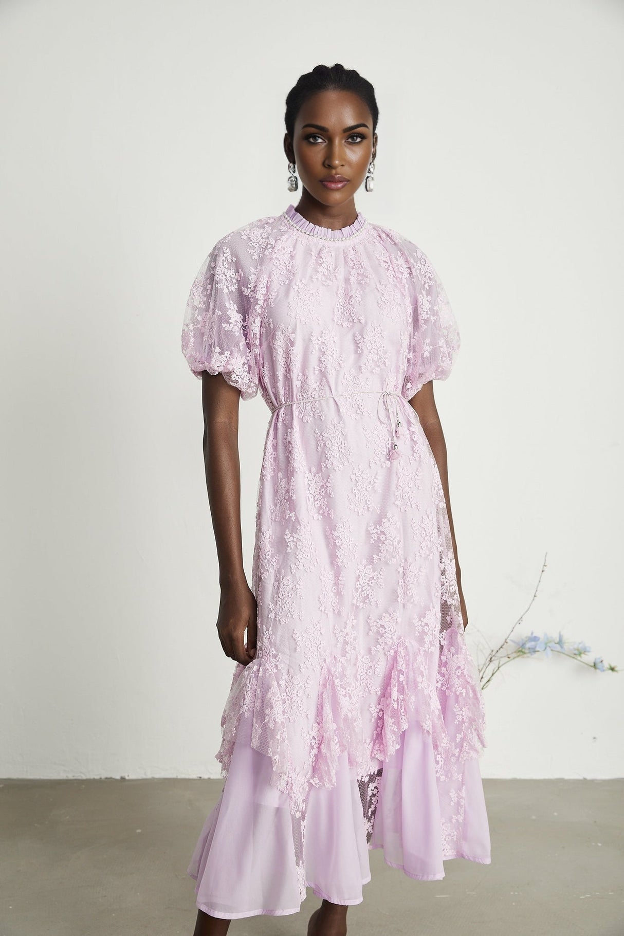 Gemma Floral Midi Dress - With Classic Round Neck - Detailed Floral Embroidery - Removable Waist Belt - Rear Button Fastening