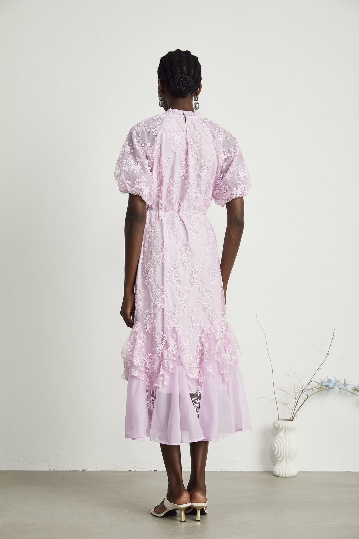 Gemma Floral Midi Dress - With Classic Round Neck - Detailed Floral Embroidery - Removable Waist Belt - Rear Button Fastening