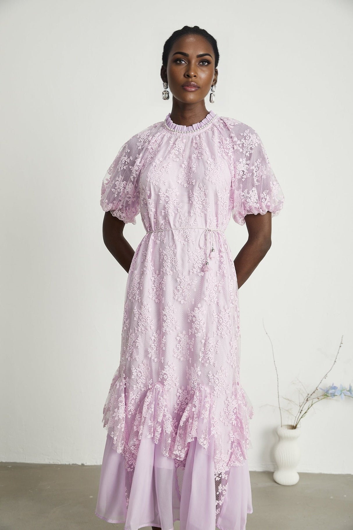 Gemma Floral Midi Dress - With Classic Round Neck - Detailed Floral Embroidery - Removable Waist Belt - Rear Button Fastening