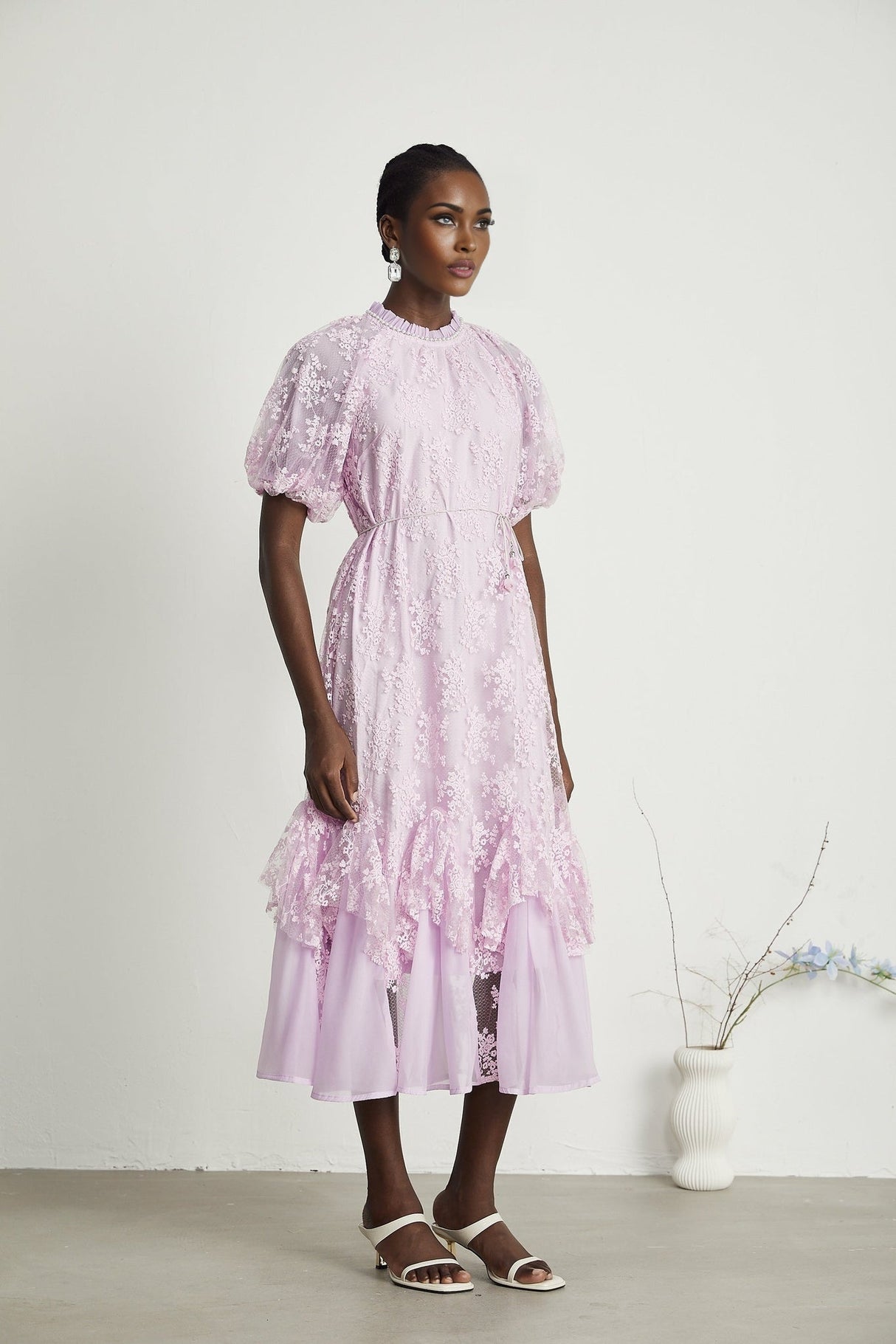 Gemma Floral Midi Dress - With Classic Round Neck - Detailed Floral Embroidery - Removable Waist Belt - Rear Button Fastening