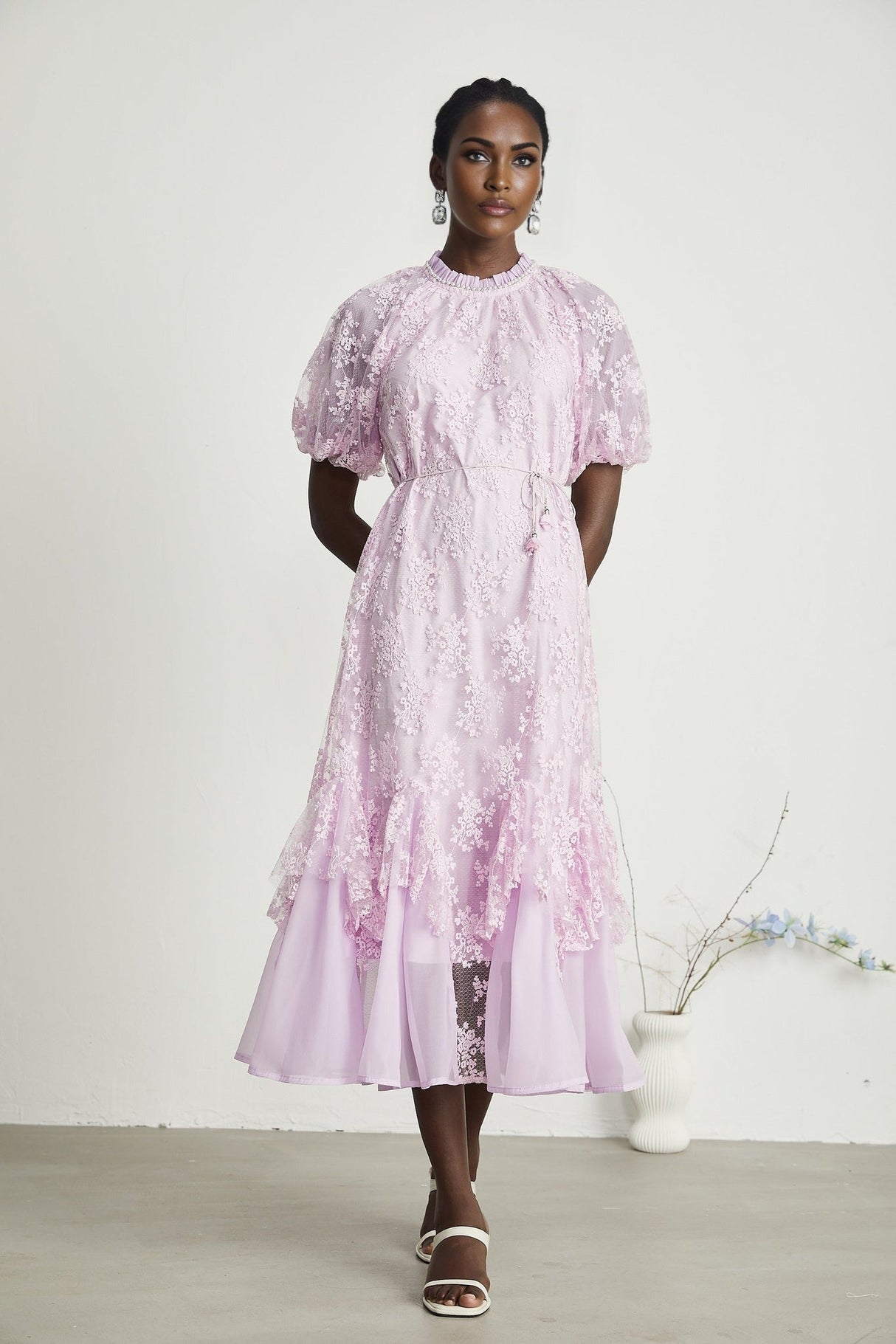 Gemma Floral Midi Dress - With Classic Round Neck - Detailed Floral Embroidery - Removable Waist Belt - Rear Button Fastening