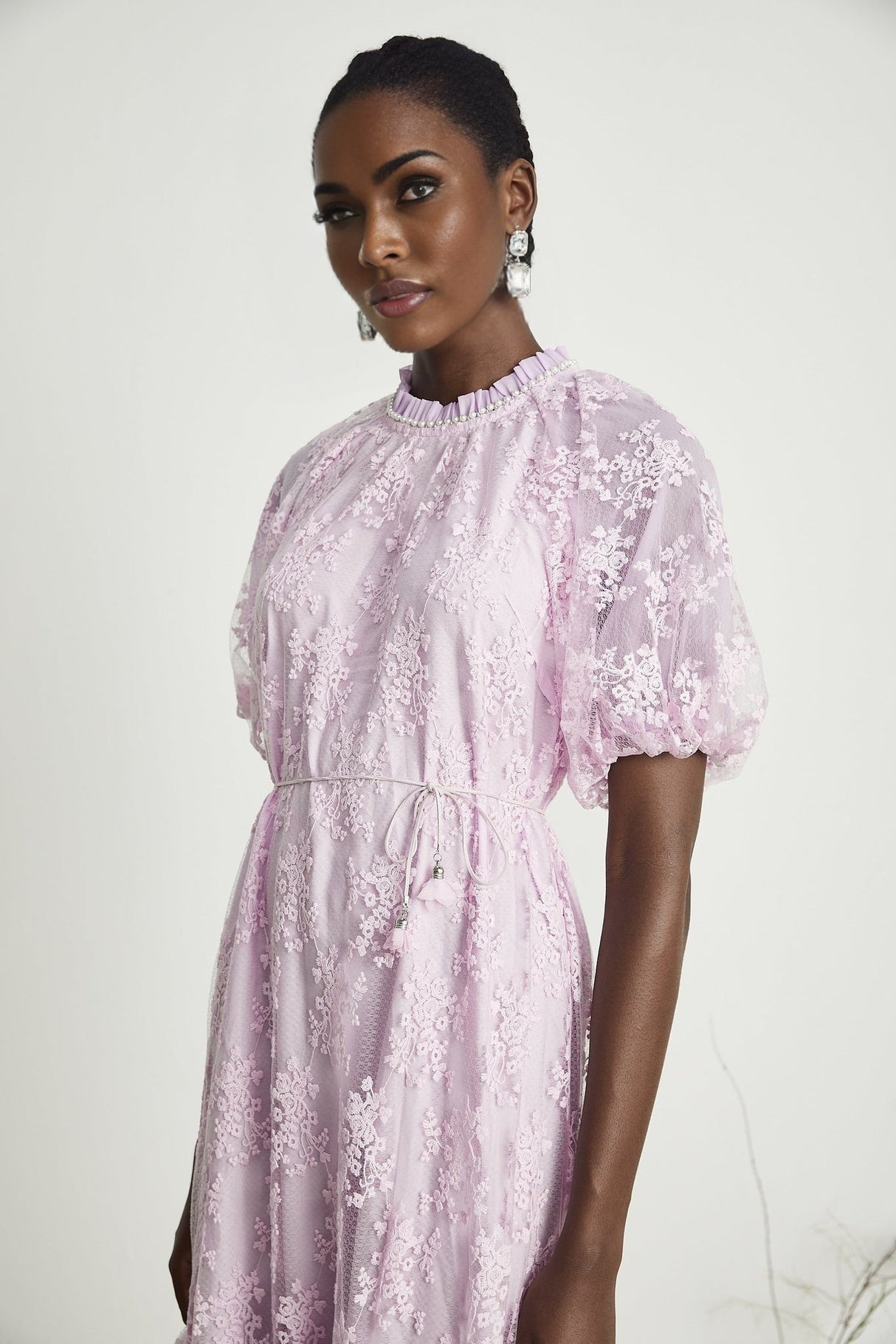 Gemma Floral Midi Dress - With Classic Round Neck - Detailed Floral Embroidery - Removable Waist Belt - Rear Button Fastening