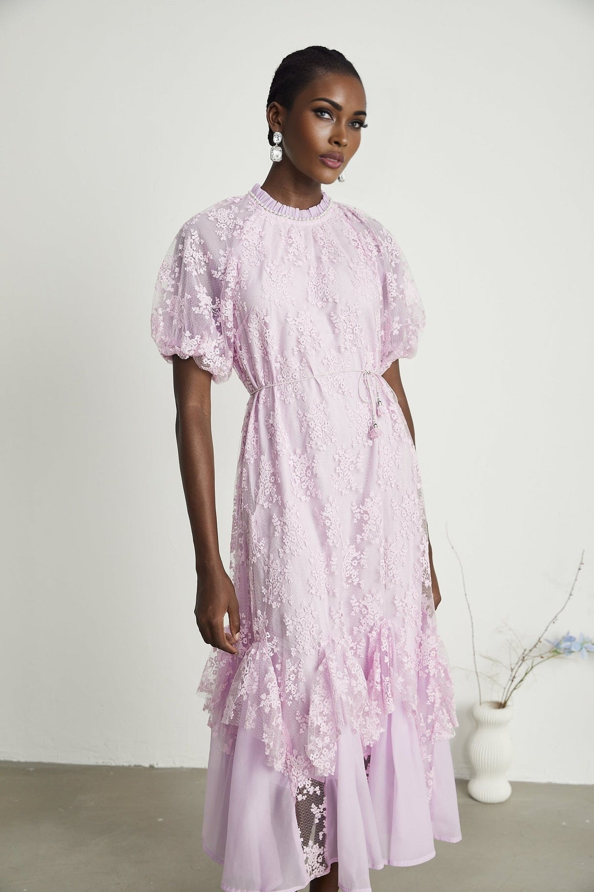 Gemma Floral Midi Dress - With Classic Round Neck - Detailed Floral Embroidery - Removable Waist Belt - Rear Button Fastening