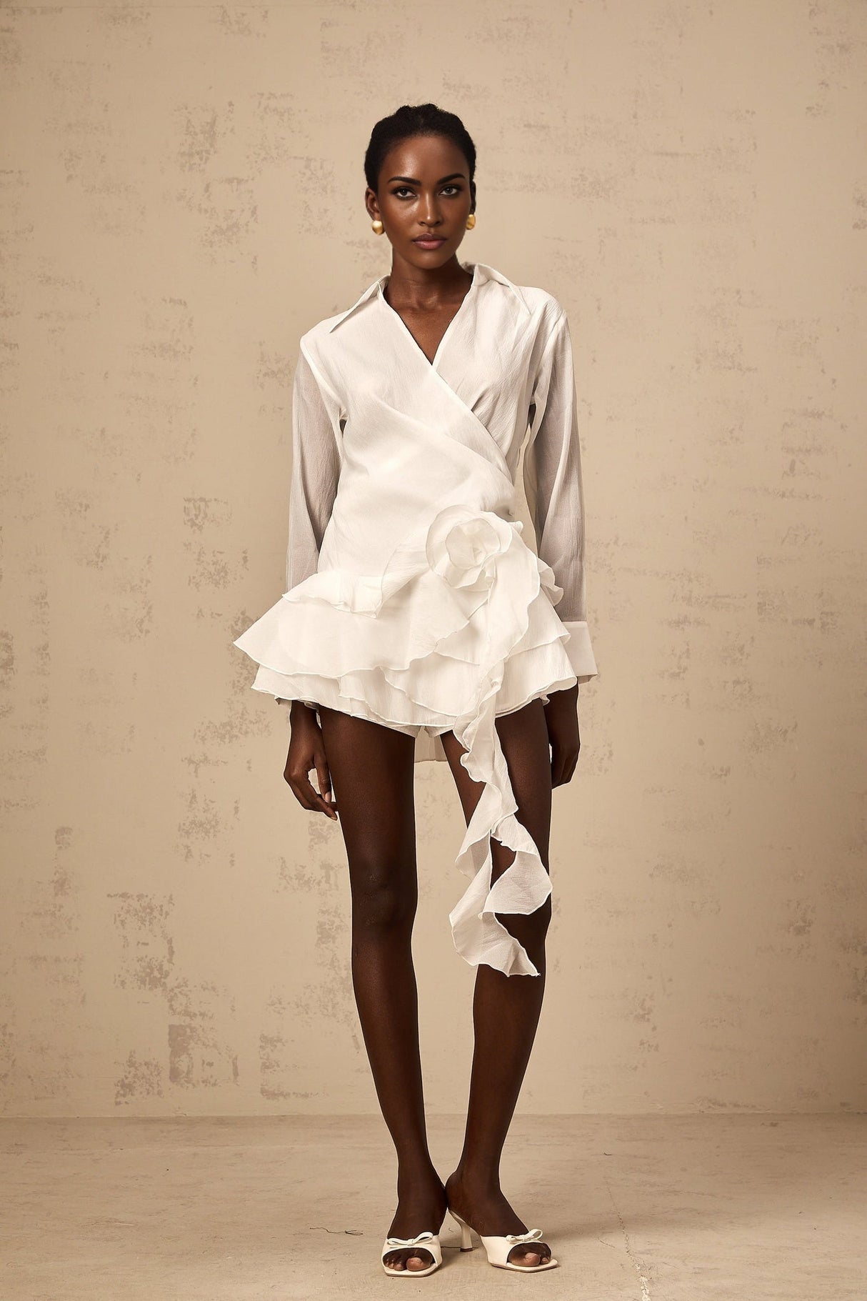 Gemma Mini Dress - Lapel Detailing - Tiered Design - Ruffled Trim - Faux - Flower Embellishment - Ribbon Accents