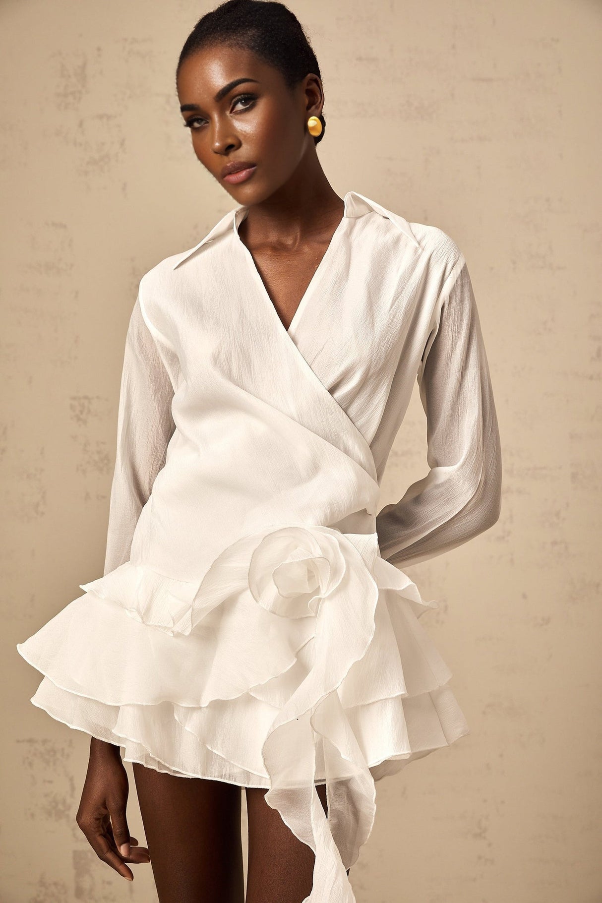 Gemma Mini Dress - Lapel Detailing - Tiered Design - Ruffled Trim - Faux - Flower Embellishment - Ribbon Accents