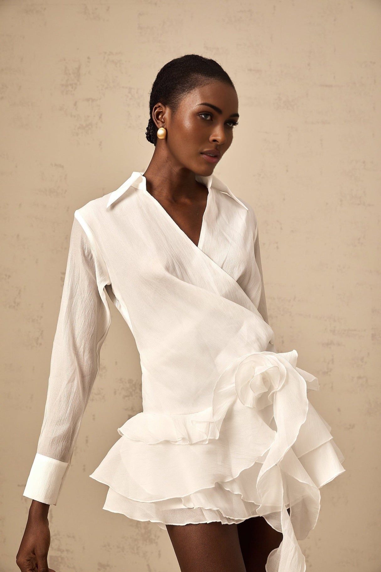 Gemma Mini Dress - Lapel Detailing - Tiered Design - Ruffled Trim - Faux - Flower Embellishment - Ribbon Accents