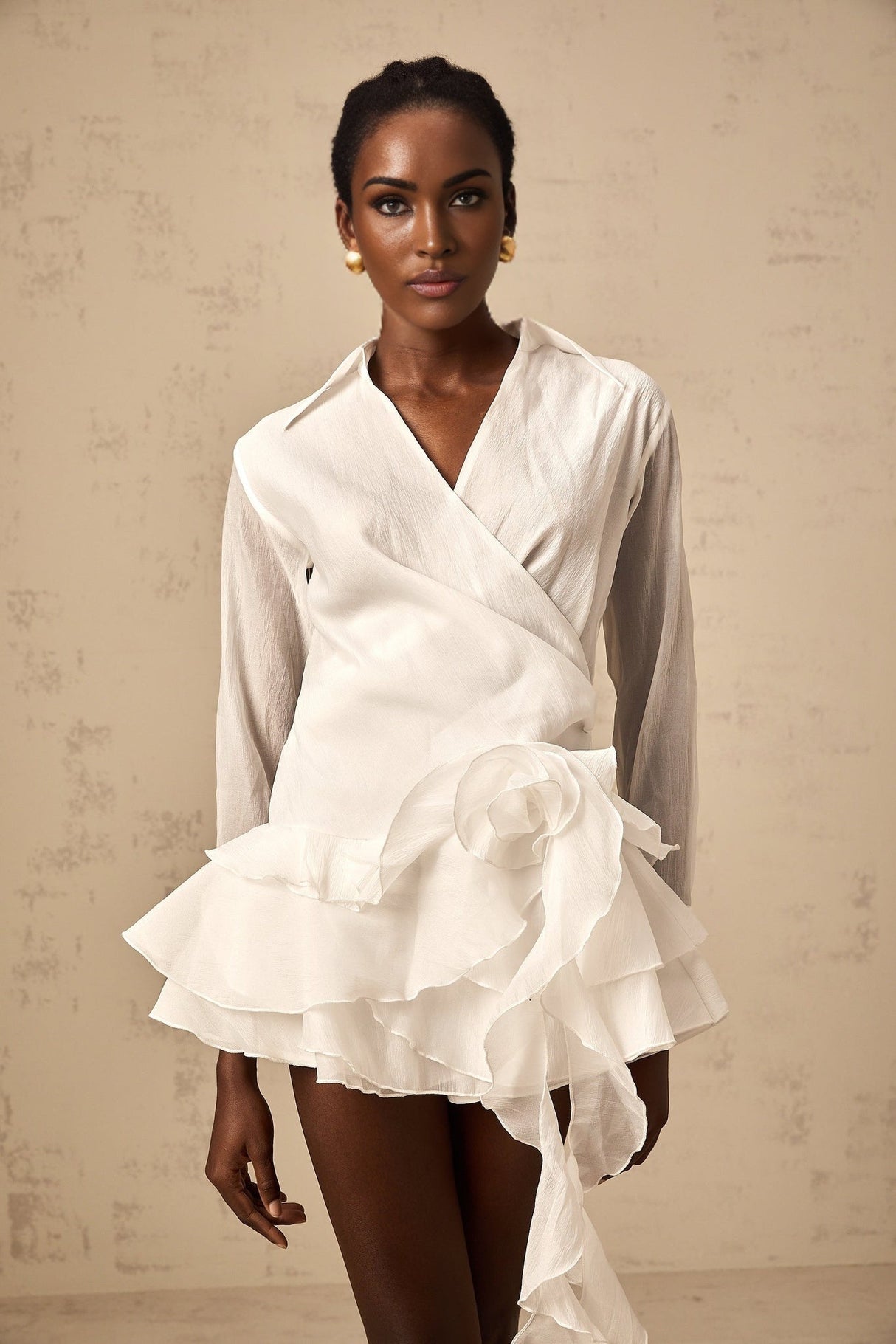 Gemma Mini Dress - Lapel Detailing - Tiered Design - Ruffled Trim - Faux - Flower Embellishment - Ribbon Accents