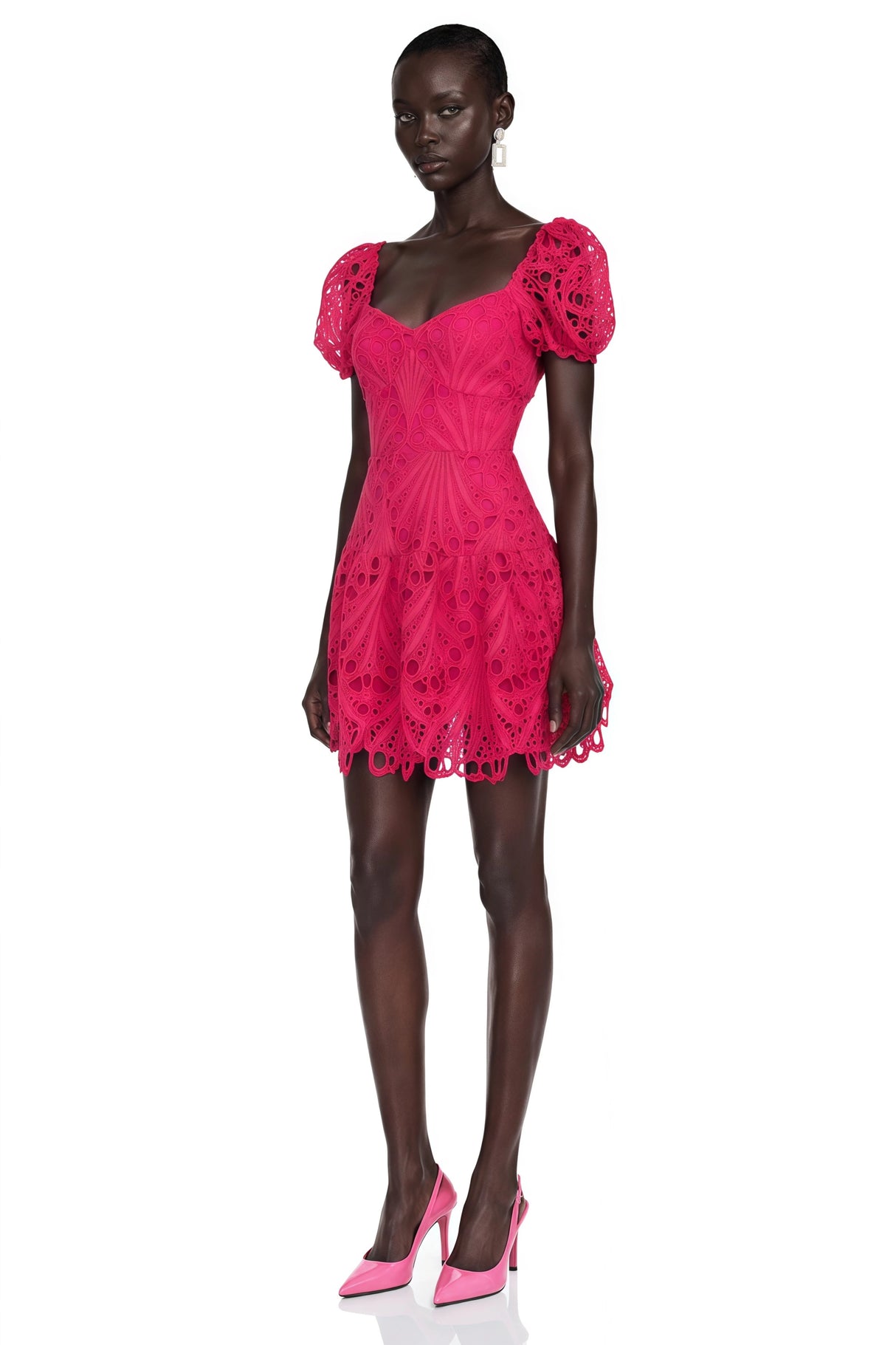 Gemma Pink Eyelet Lace Puff Sleeves Mini Dress
