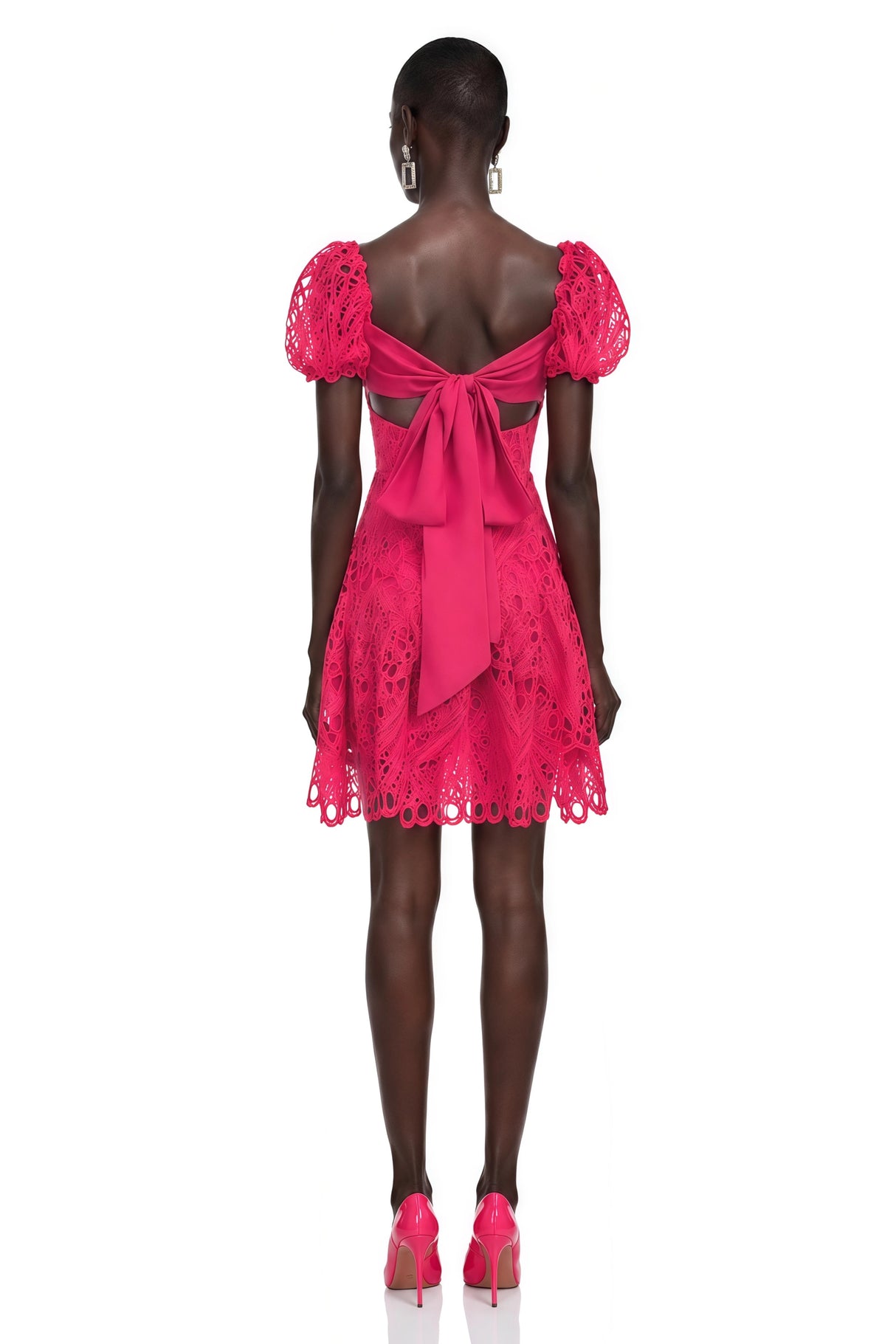 Gemma Pink Eyelet Lace Puff Sleeves Mini Dress