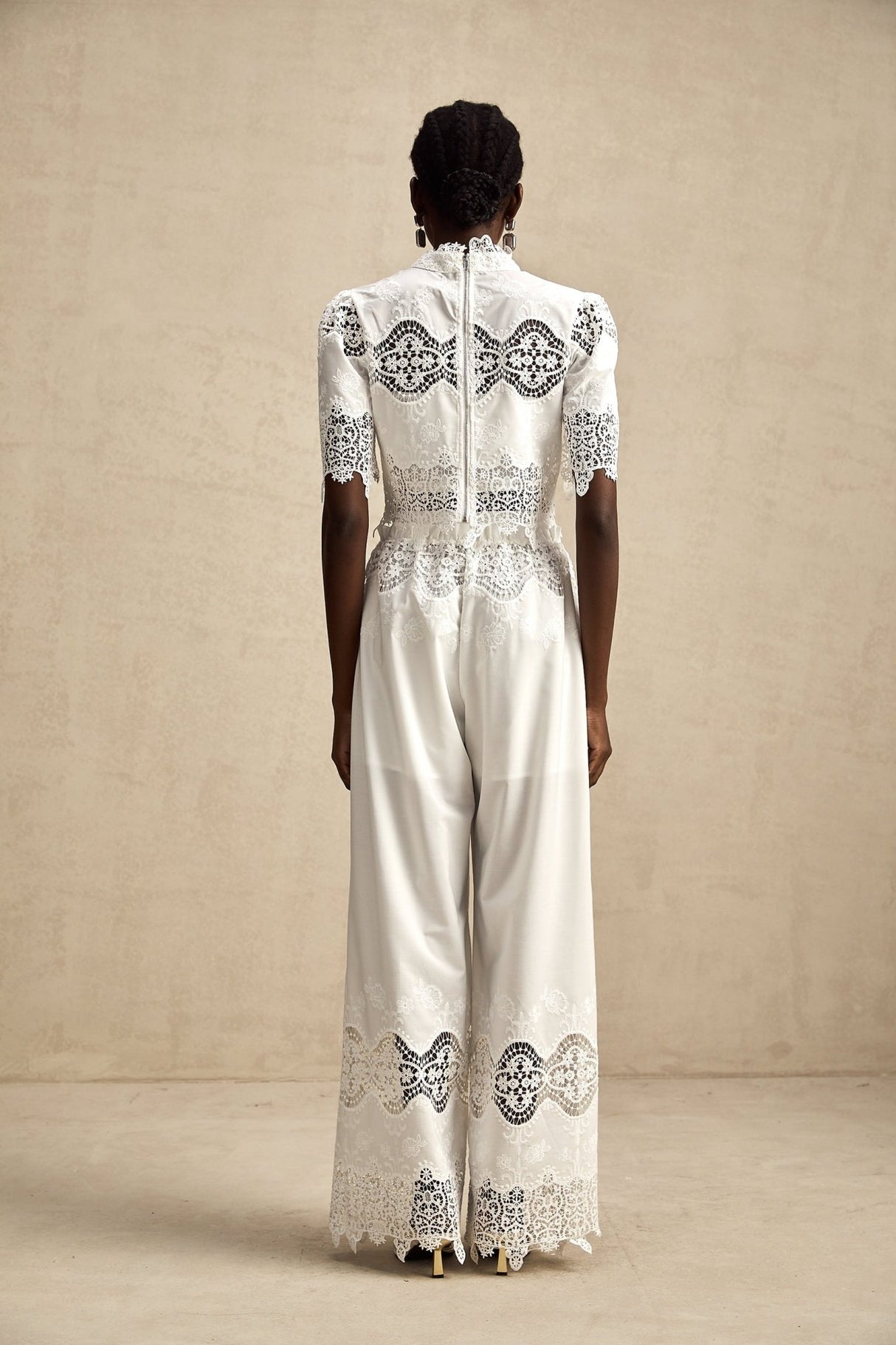 Gemma Top & Trousers - Short Sleeves - Stand - up Collar - Cut - out Design - Wide Leg