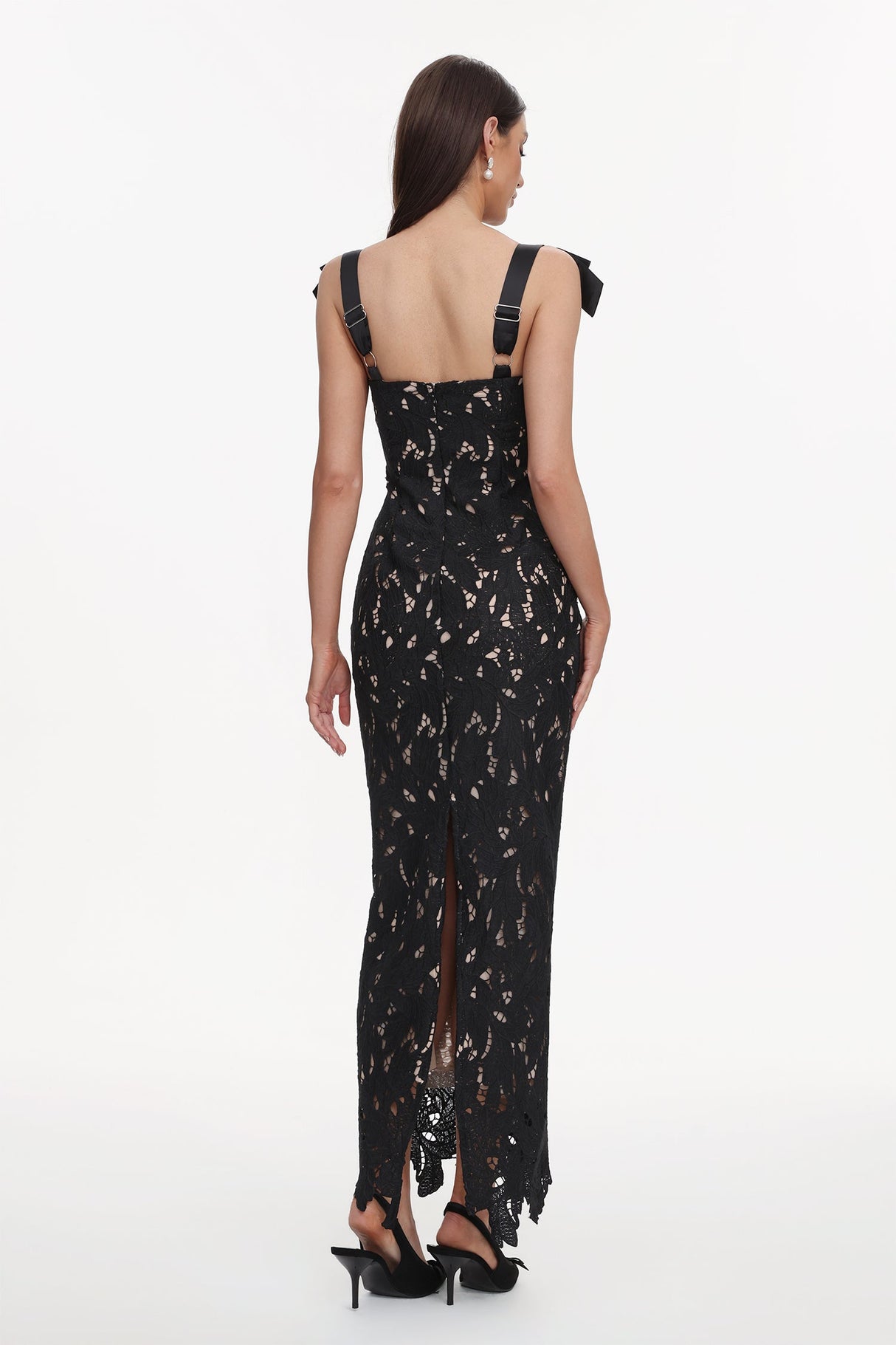 Gemmina Black Lace Maxi Dress with Bows for Women