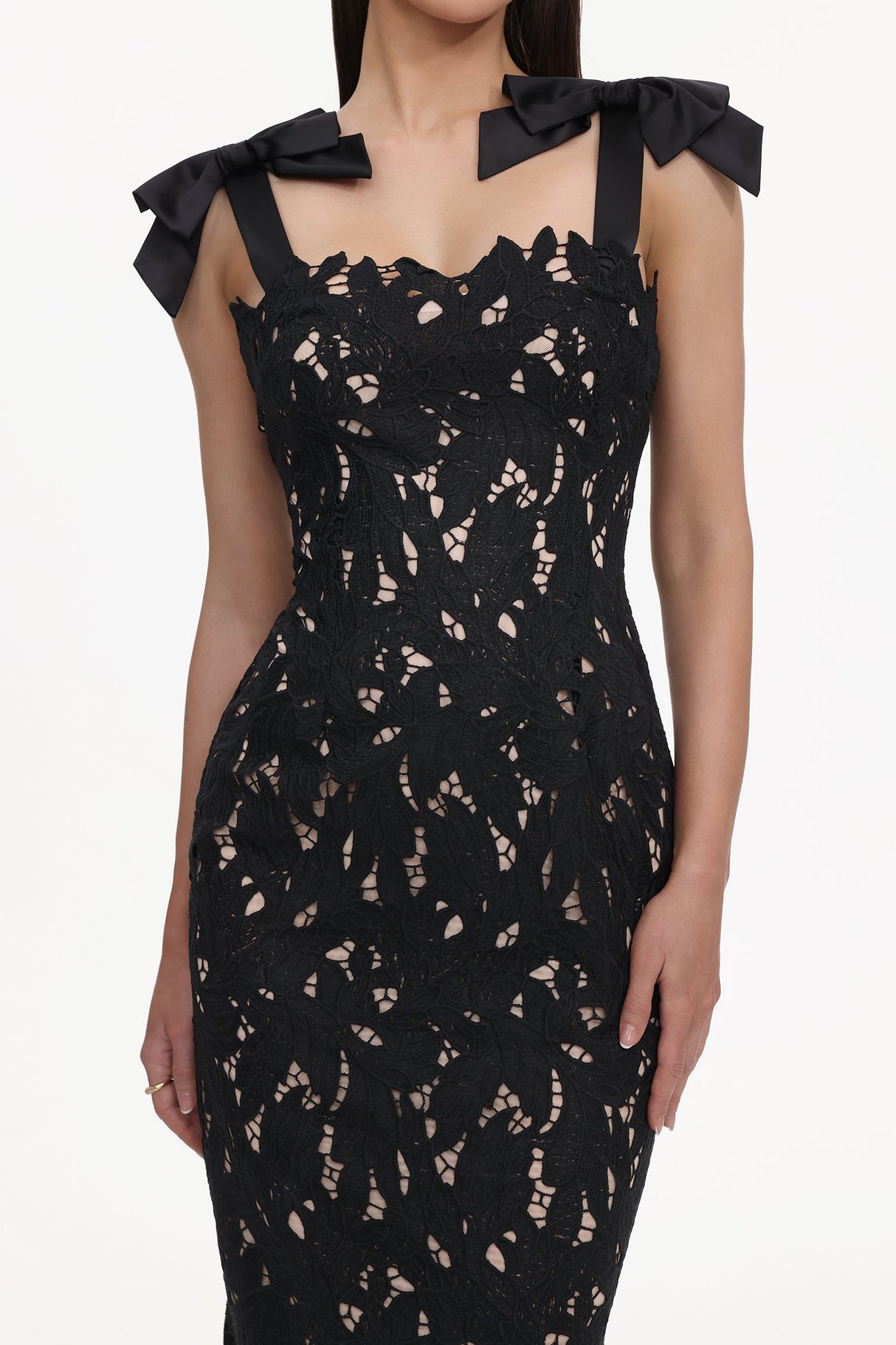 Gemmina Black Lace Maxi Dress with Bows for Formal Occasions