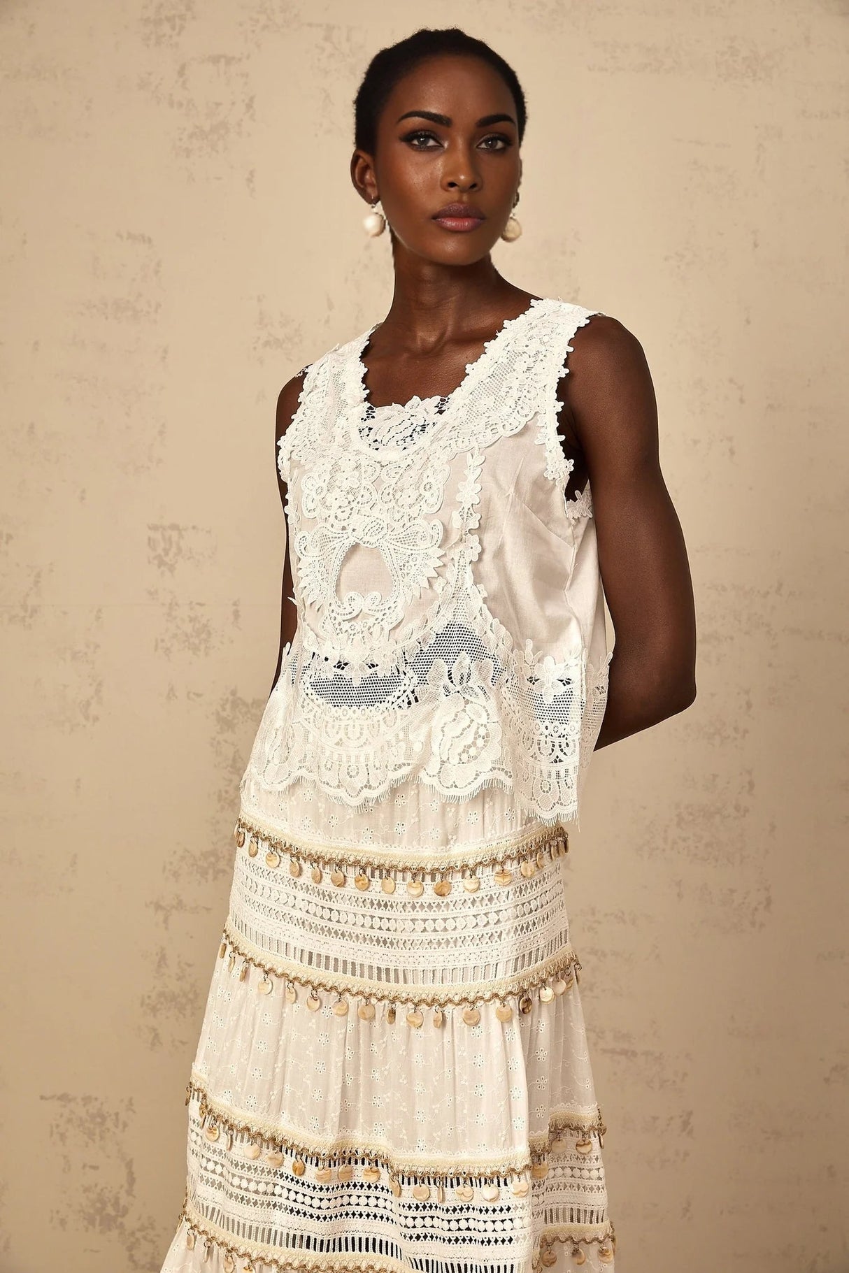 Gemmina Cropped Top White Floral Embroidered Cut - Out