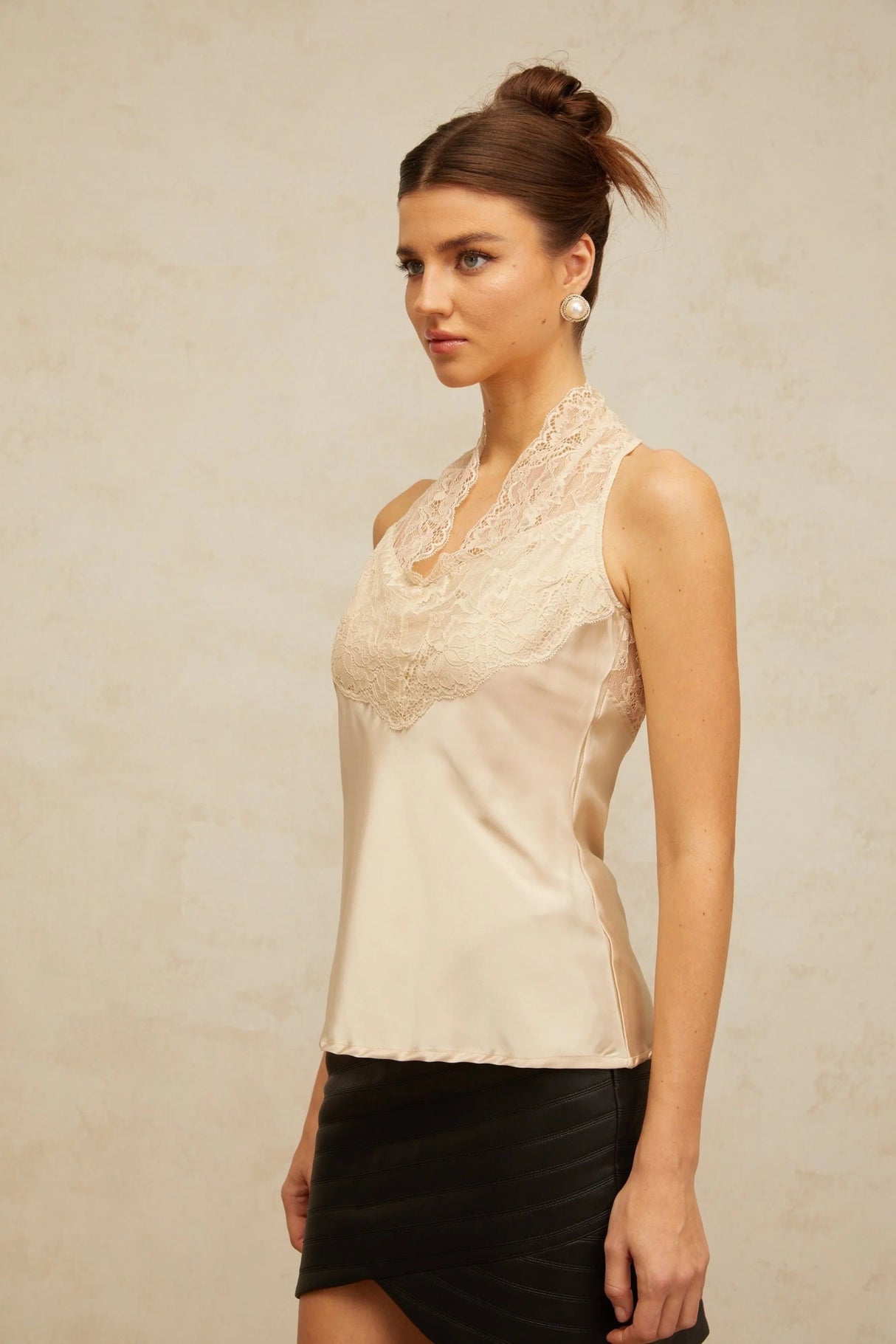 Gemmina Top Floral Lace Panelled Satin Neutrals