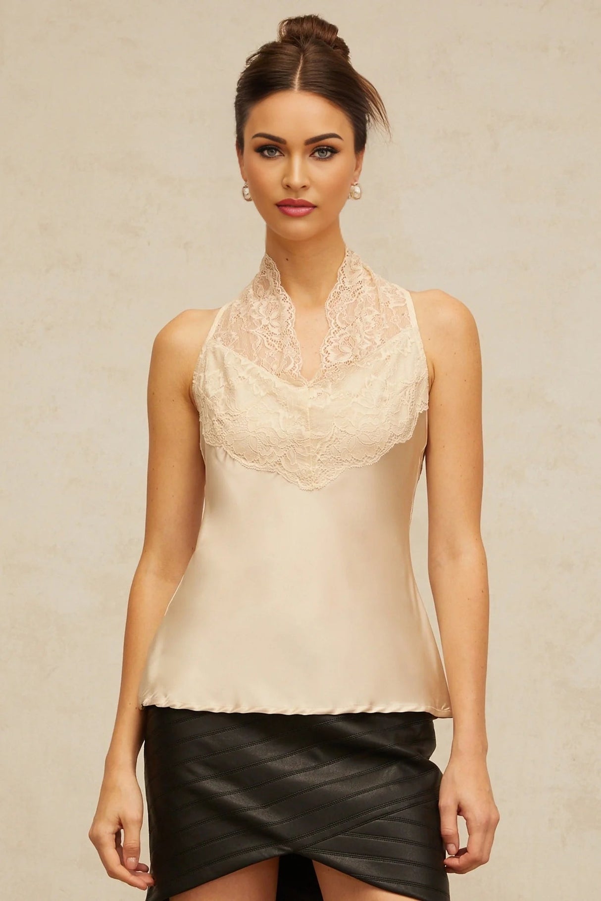 Gemmina Top Floral Lace Panelled Satin Neutrals