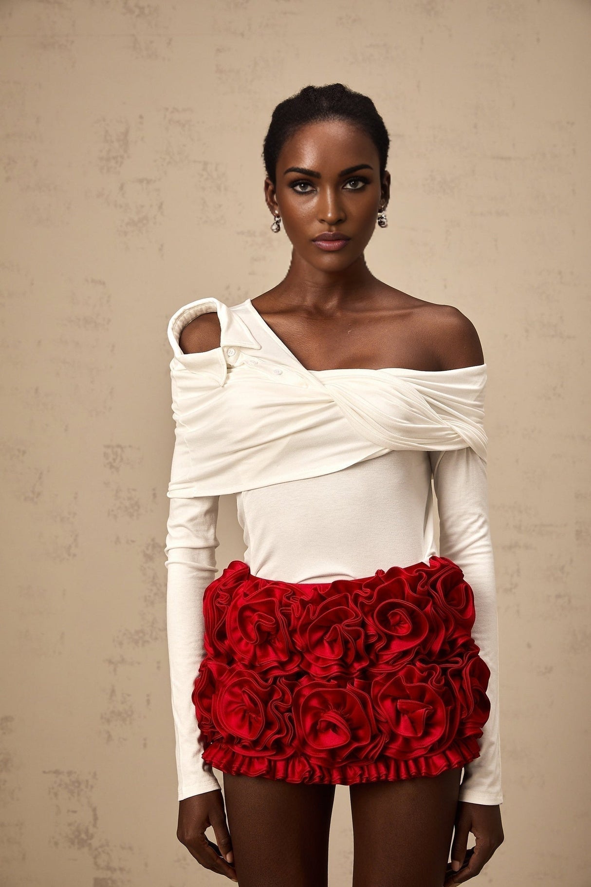 Gemmina Top - White - Long Sleeve - Asymmetric Twist Gathered Deconstructed