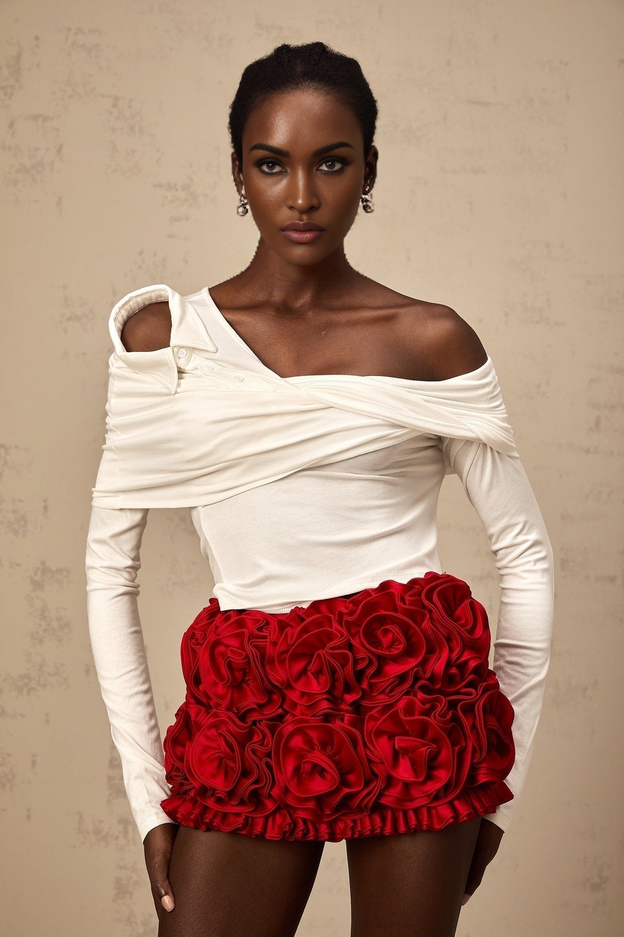 Gemmina Top - White - Long Sleeve - Asymmetric Twist Gathered Deconstructed