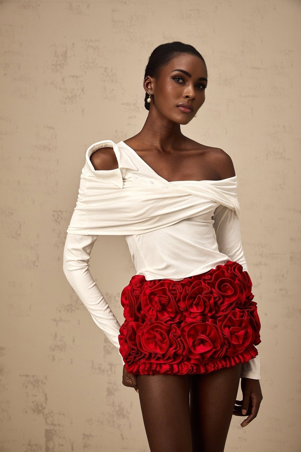 Gemmina Top - White - Long Sleeve - Asymmetric Twist Gathered Deconstructed