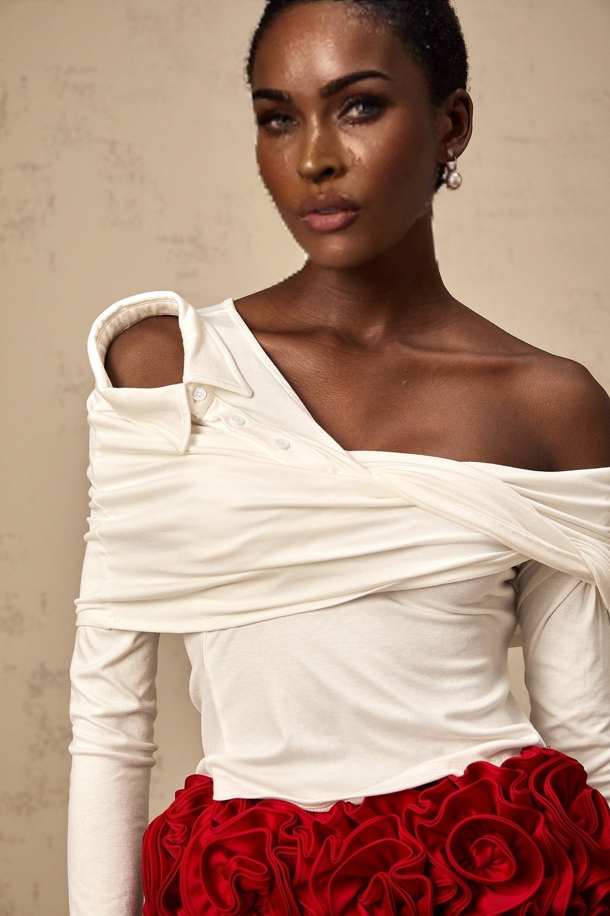 Gemmina Top - White - Long Sleeve - Asymmetric Twist Gathered Deconstructed