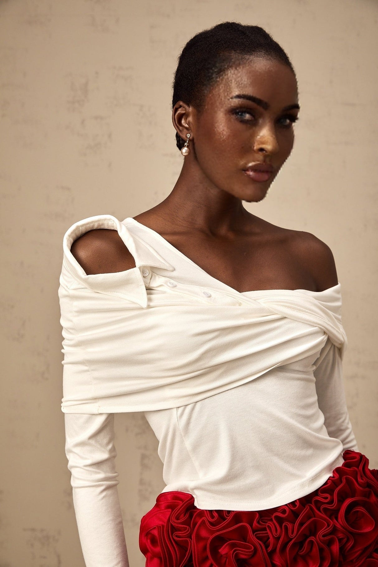 Gemmina Top - White - Long Sleeve - Asymmetric Twist Gathered Deconstructed