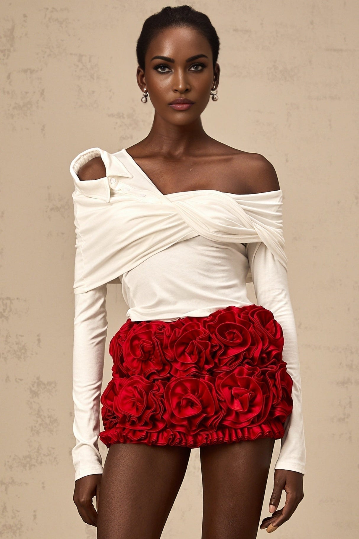 Gemmina Top - White - Long Sleeve - Asymmetric Twist Gathered Deconstructed