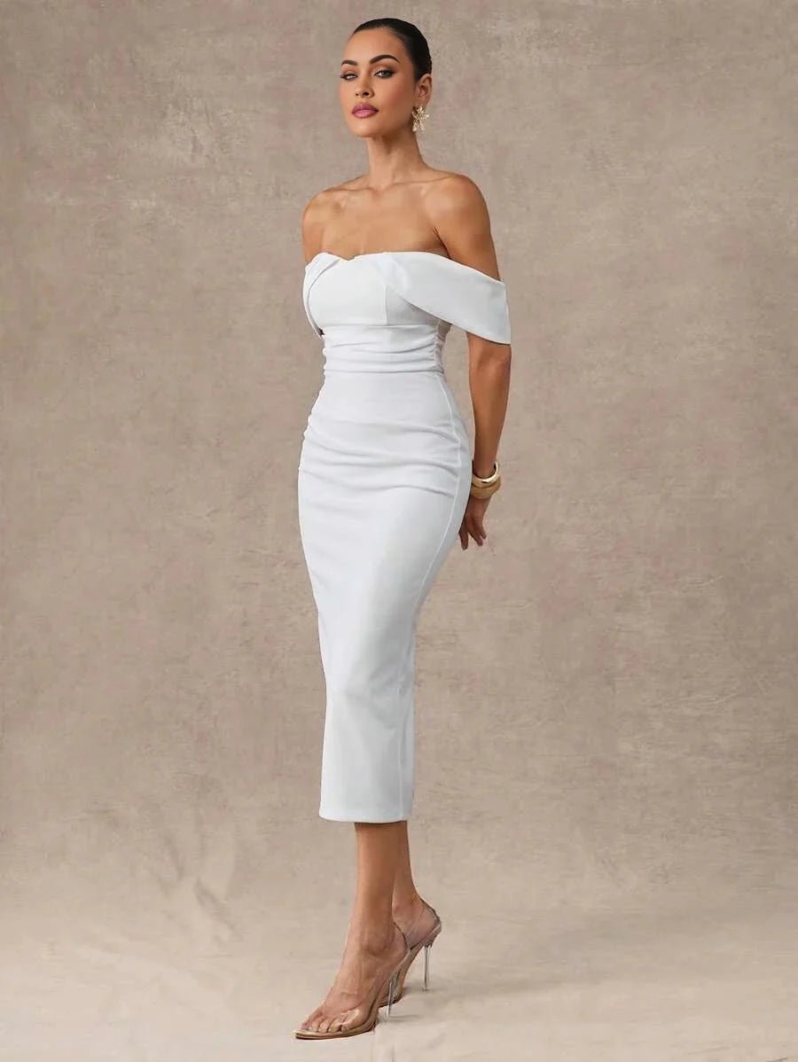 Genesis Midi Dress - Off The Shoulder - Wedding - Pencil Hem - Bodycon - Elegant