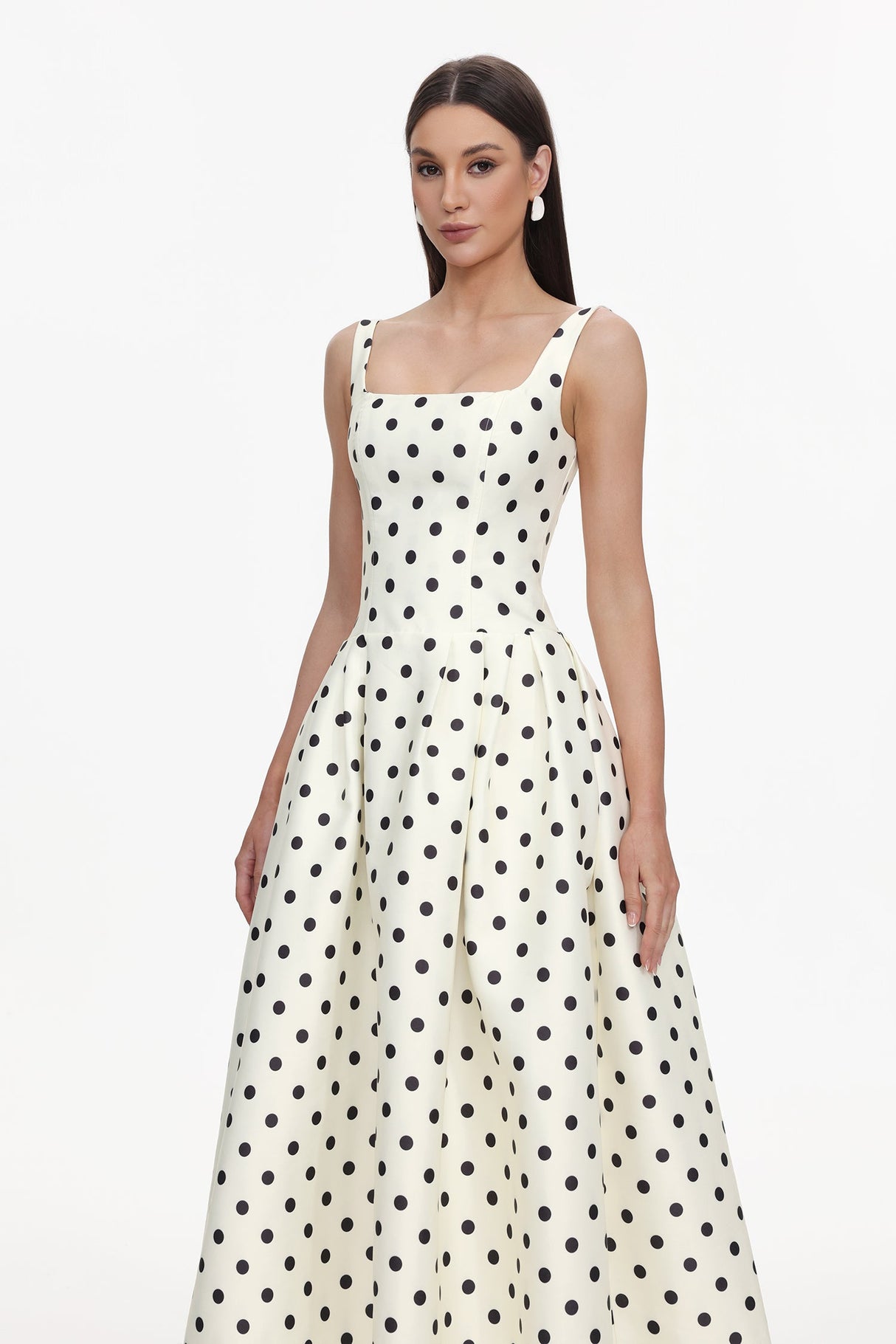 Genesis White Polka Dot Sleeveless Maxi Dress Square Neckline