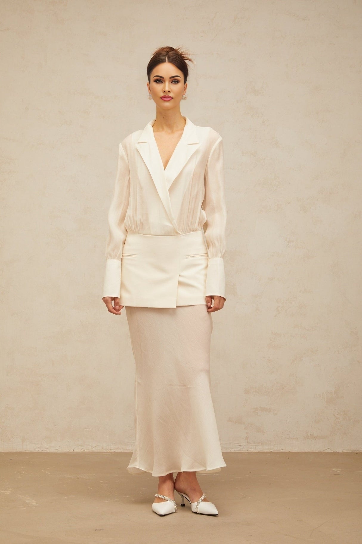 Genevieve Maxi Dress - Semi - Sheer Design - Deep V - Neck with Peak Lapels - Long Sleeves - Panelled Design with Faux Welt Pockets