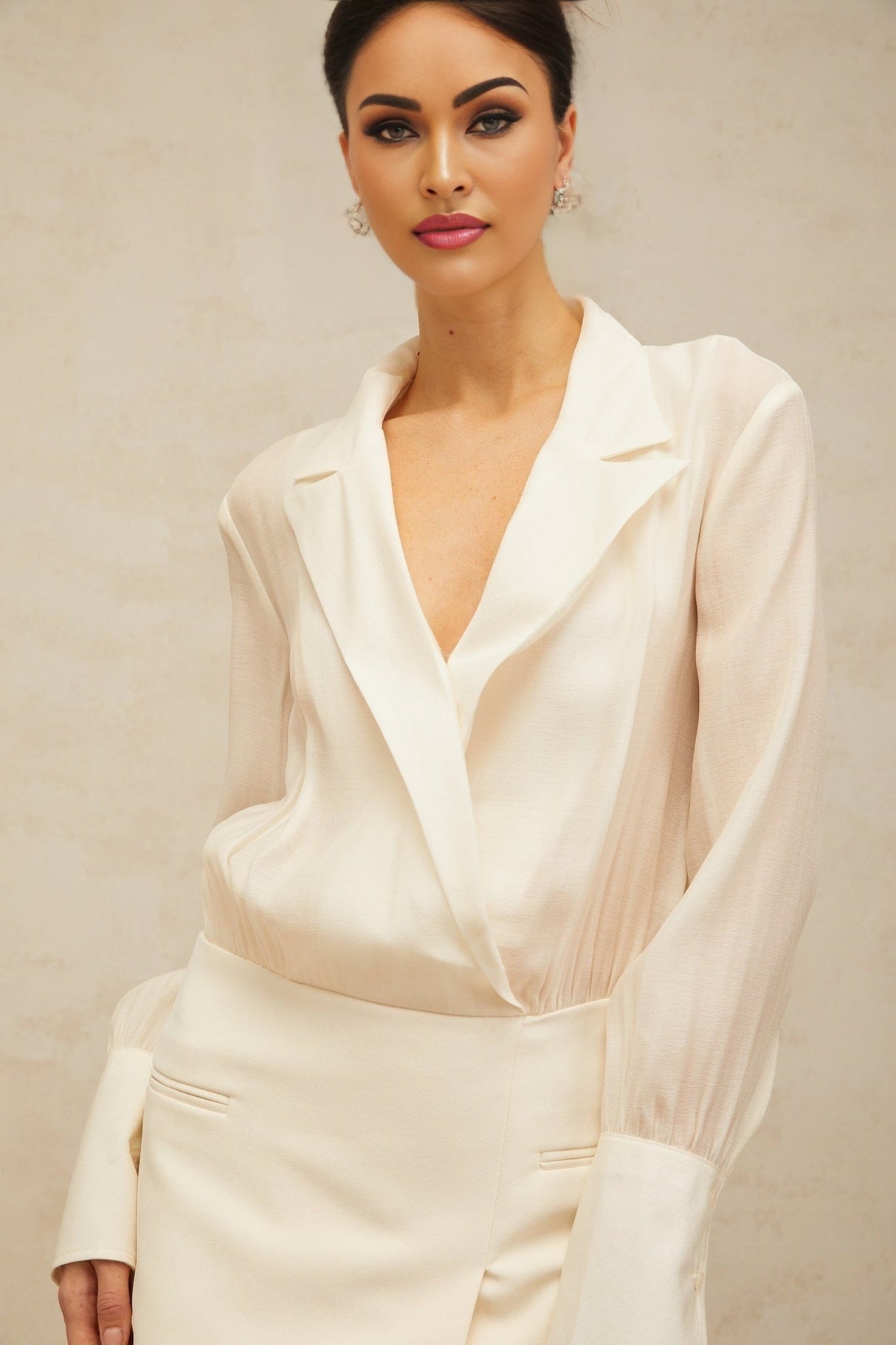 Genevieve Maxi Dress - Semi - Sheer Design - Deep V - Neck with Peak Lapels - Long Sleeves - Panelled Design with Faux Welt Pockets