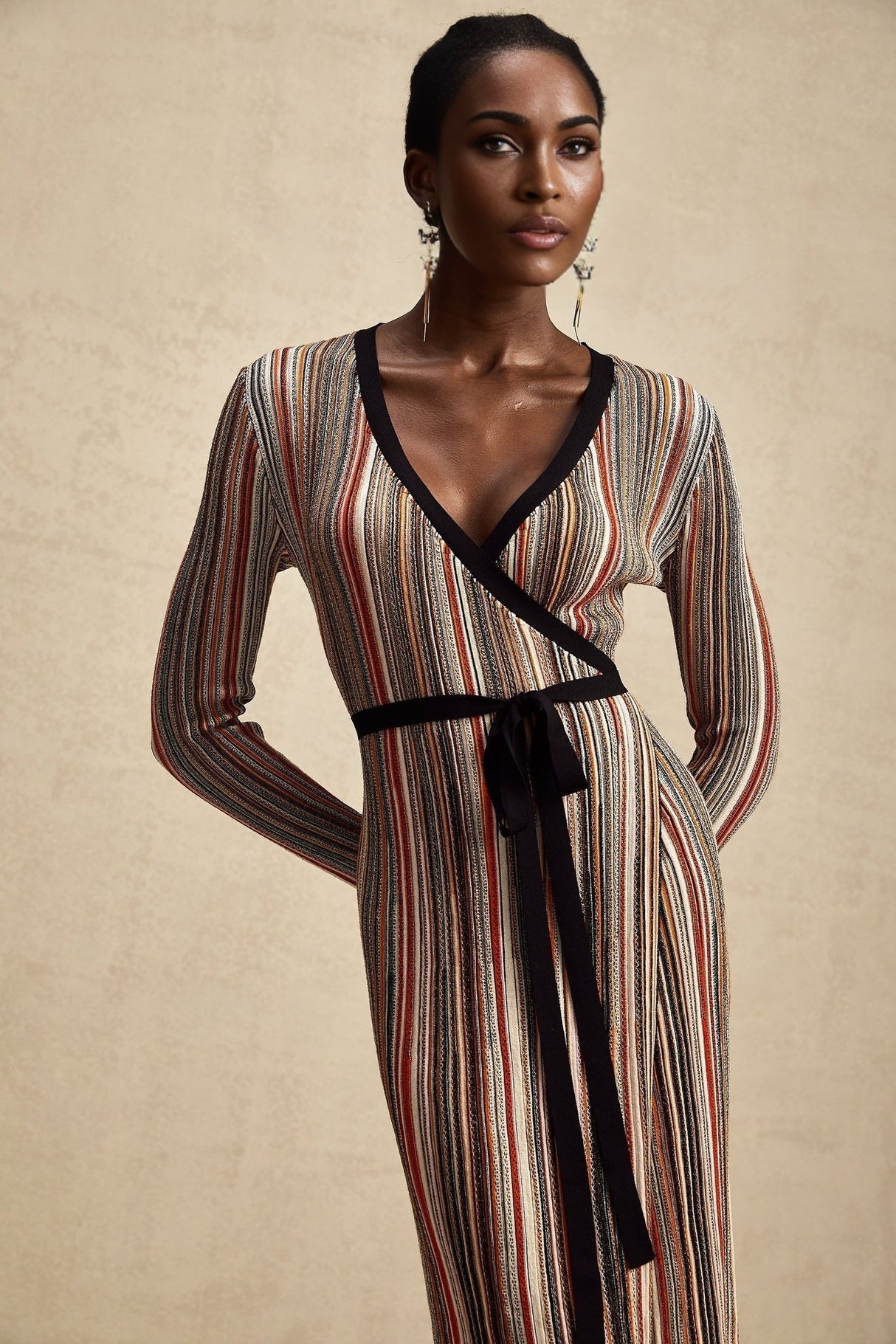 Genevieve Midi Dress - Knitted V - Neck Wrap Long Sleeve Sequin Embellished