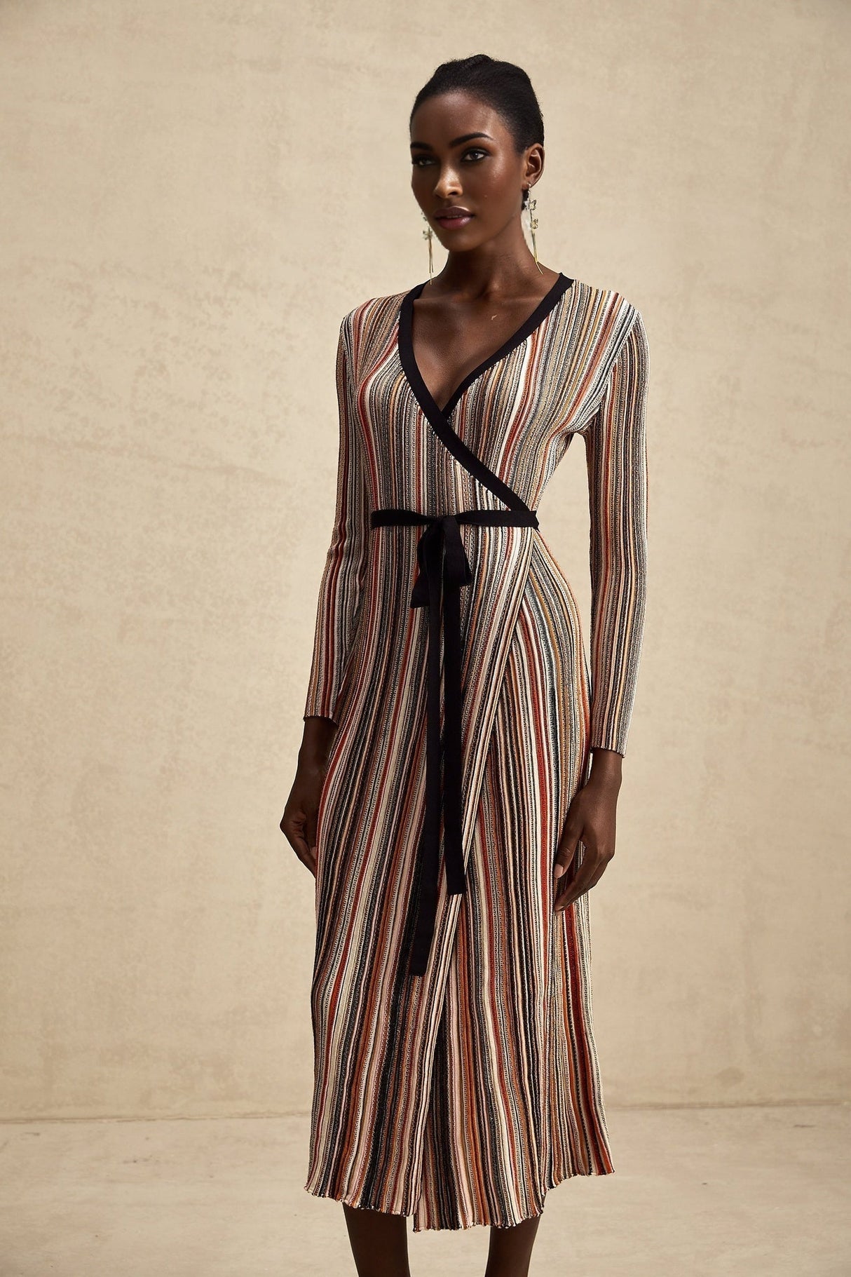 Genevieve Midi Dress - Knitted V - Neck Wrap Long Sleeve Sequin Embellished