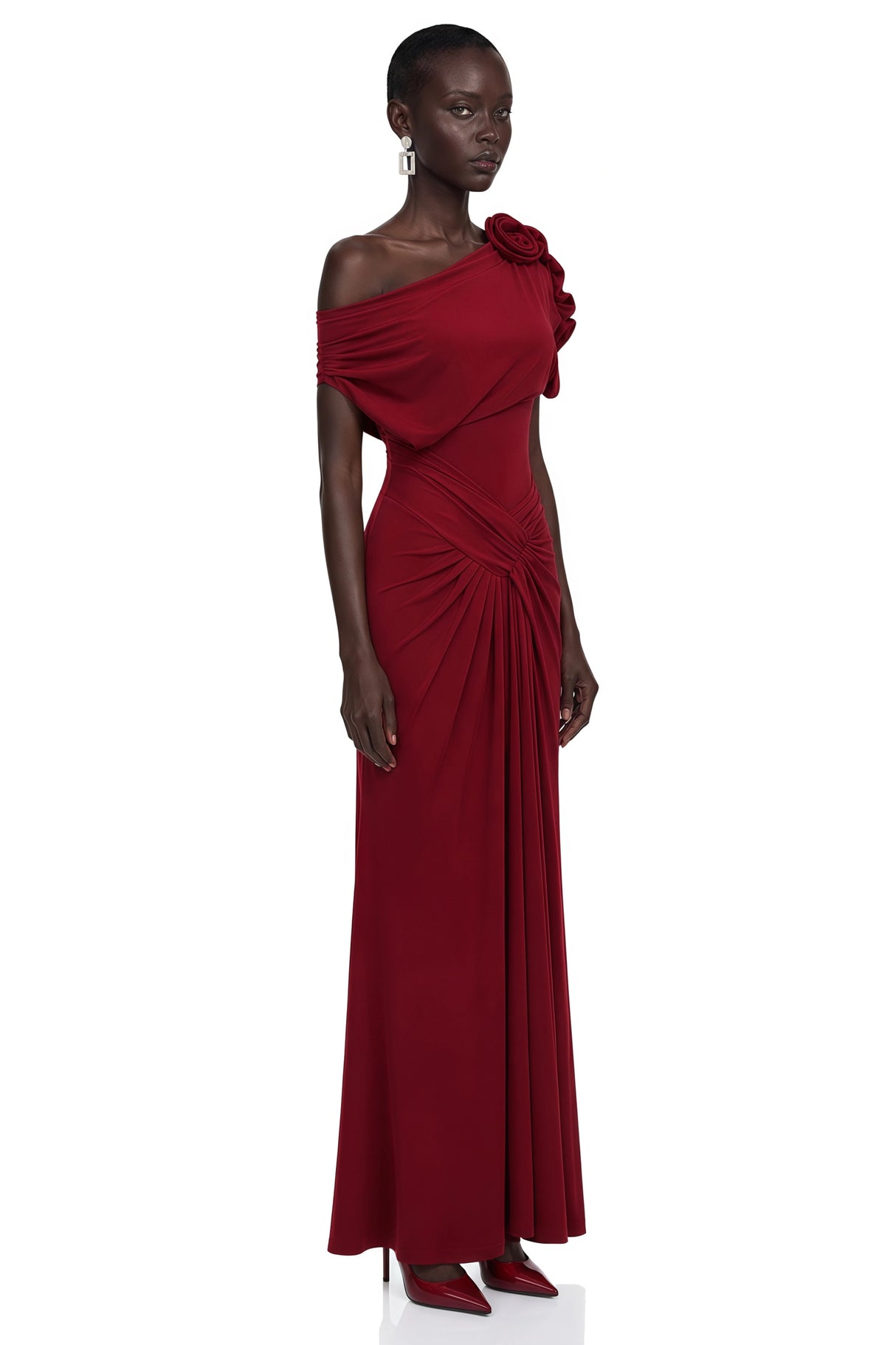 Genevieve Red One Shoulder Ruched Maxi Dress
