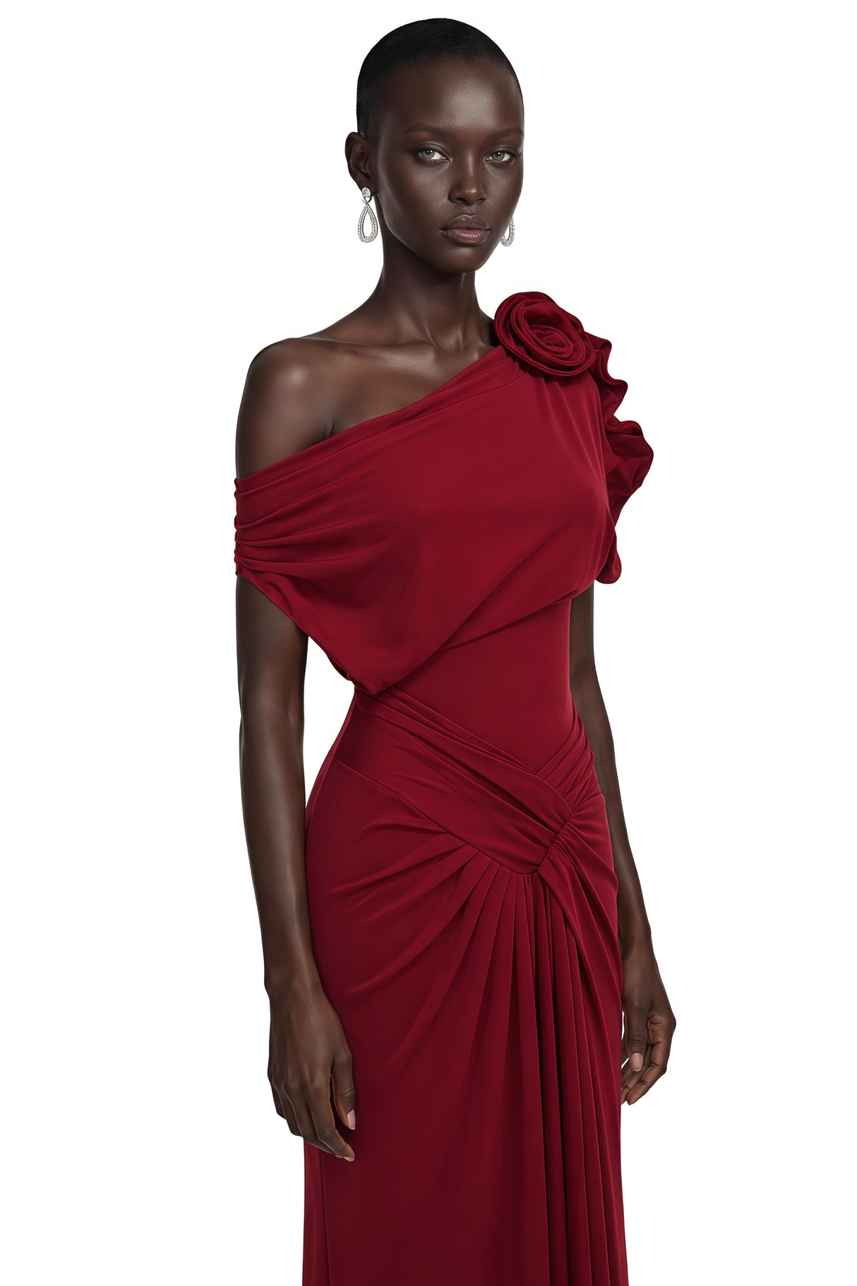 Genevieve Red One Shoulder Ruched Maxi Dress