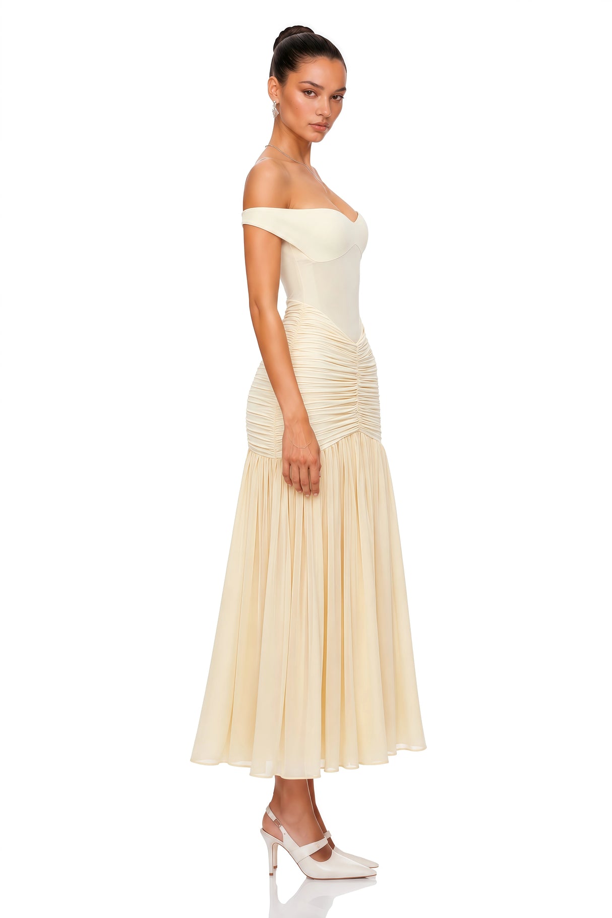 Geneviève Yellow Off Shoulder Ruched Maxi Dress