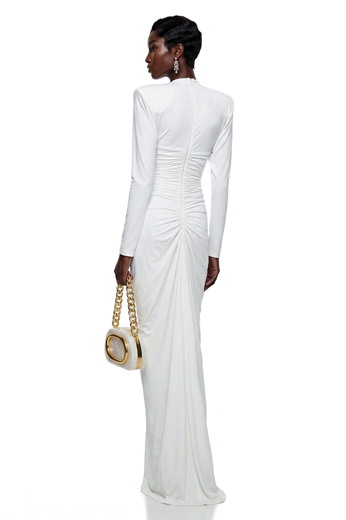 Genevra White Crystal Embellished Ruched Maxi Dress