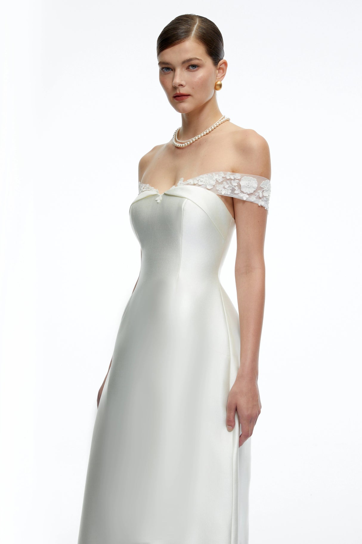 Genevra White Off Shoulder ALine Midi Dress with Lace Trim