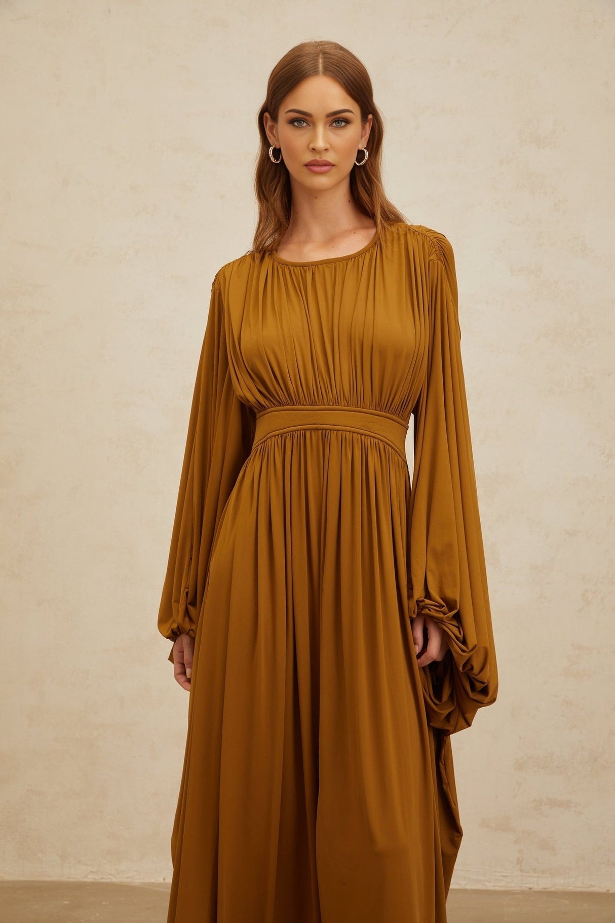 Genoveffa Maxi Dress - Olive Green - Puff Sleeve - Pleats - Zip Back