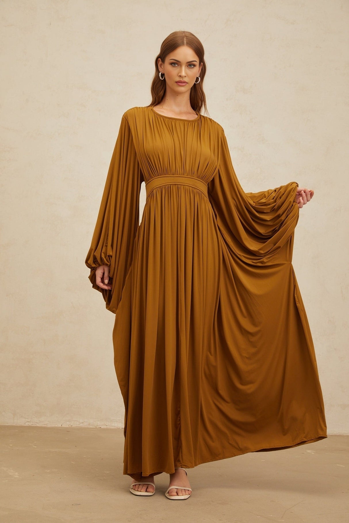 Genoveffa Maxi Dress - Olive Green - Puff Sleeve - Pleats - Zip Back