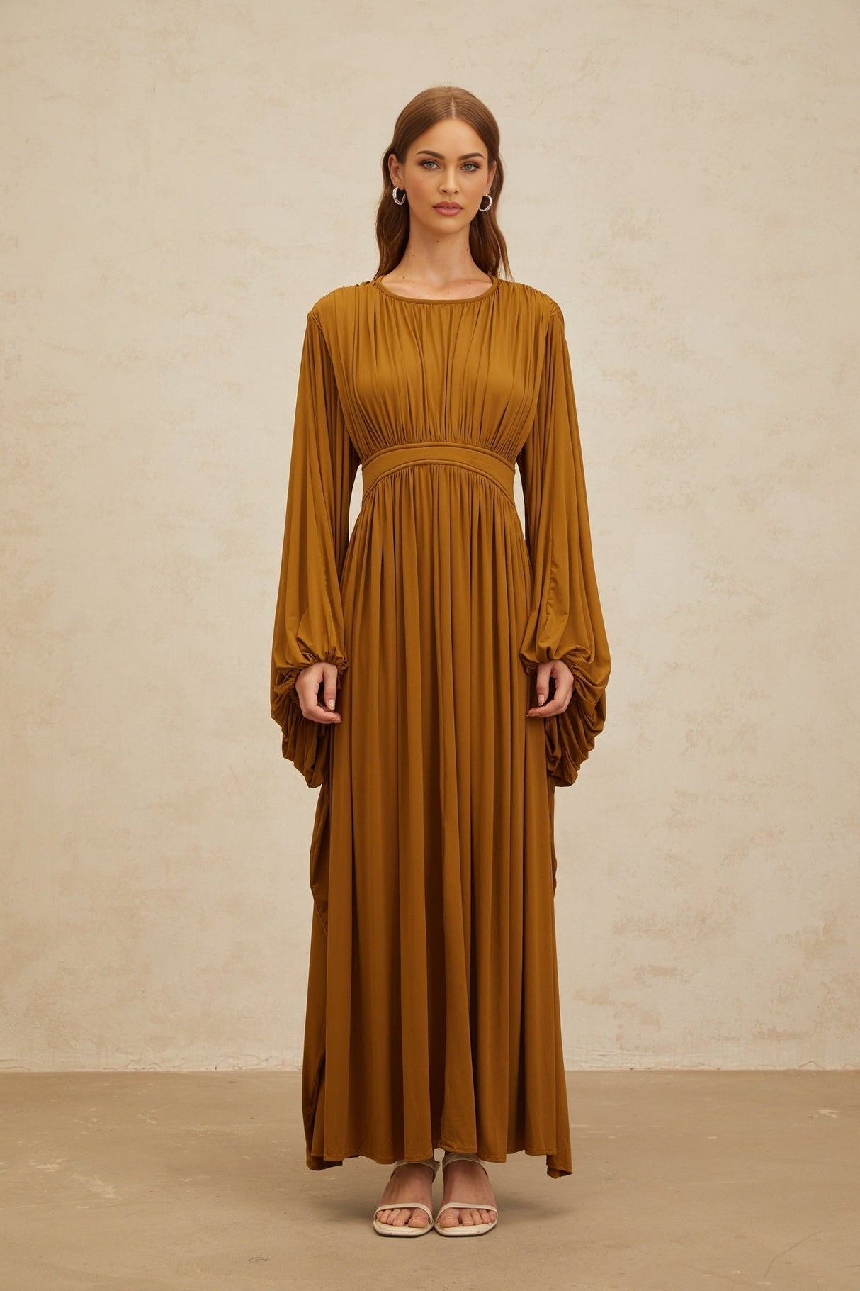 Genoveffa Maxi Dress - Olive Green - Puff Sleeve - Pleats - Zip Back