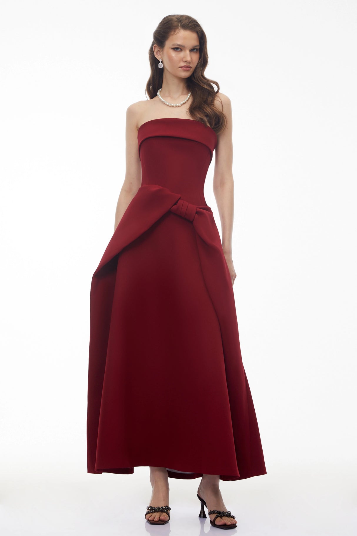 Genoveva Burgundy Off Shoulder Maxi Dress with Bow