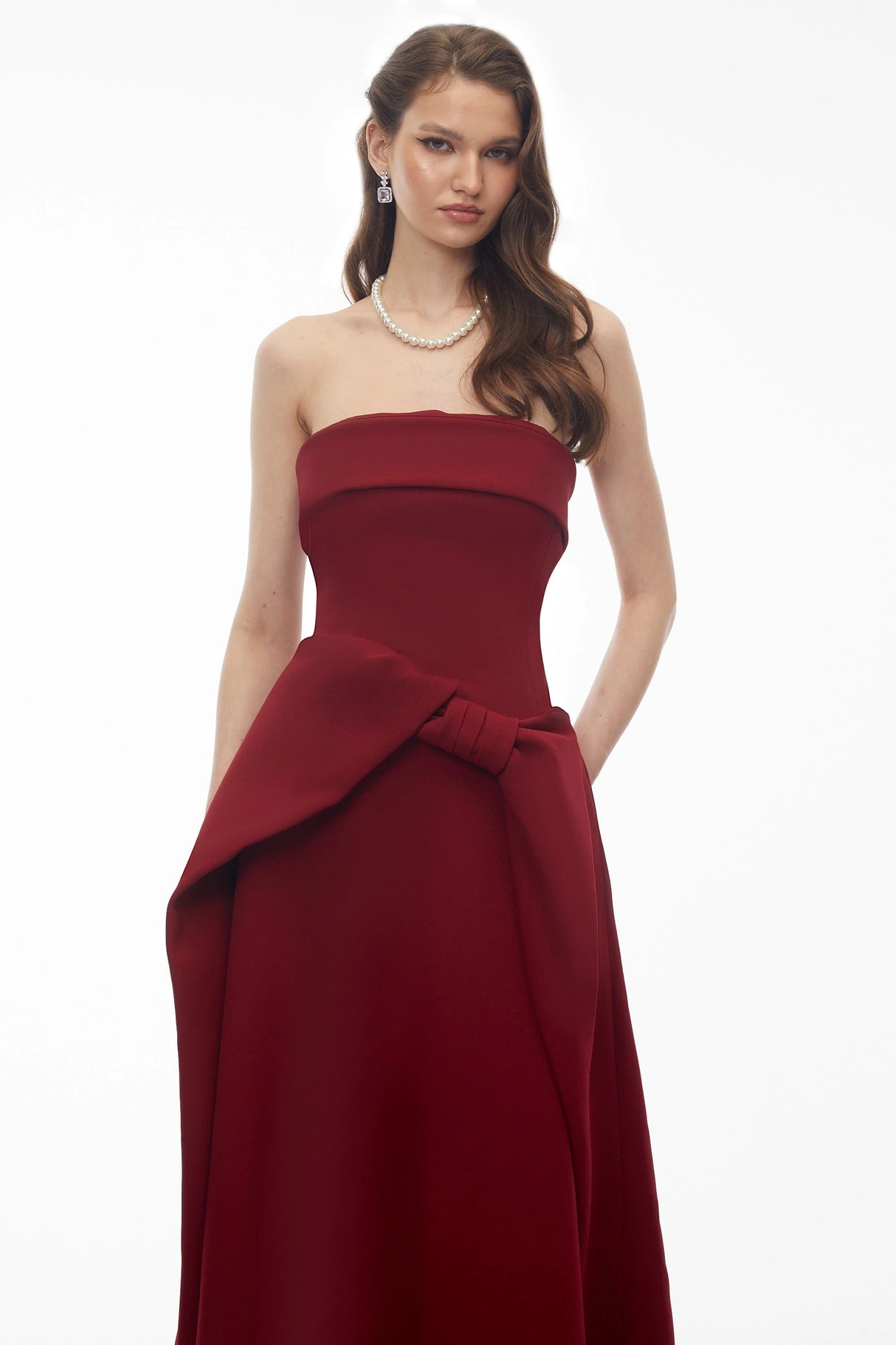 Genoveva Burgundy Off Shoulder Maxi Dress with Bow