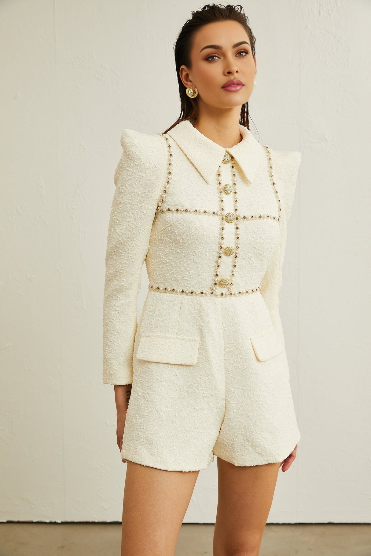 Georgia Bodysuit - Tweed - Faux - Pearl Embellishment - Pointed Shoulder Detail - Decorative Buttons